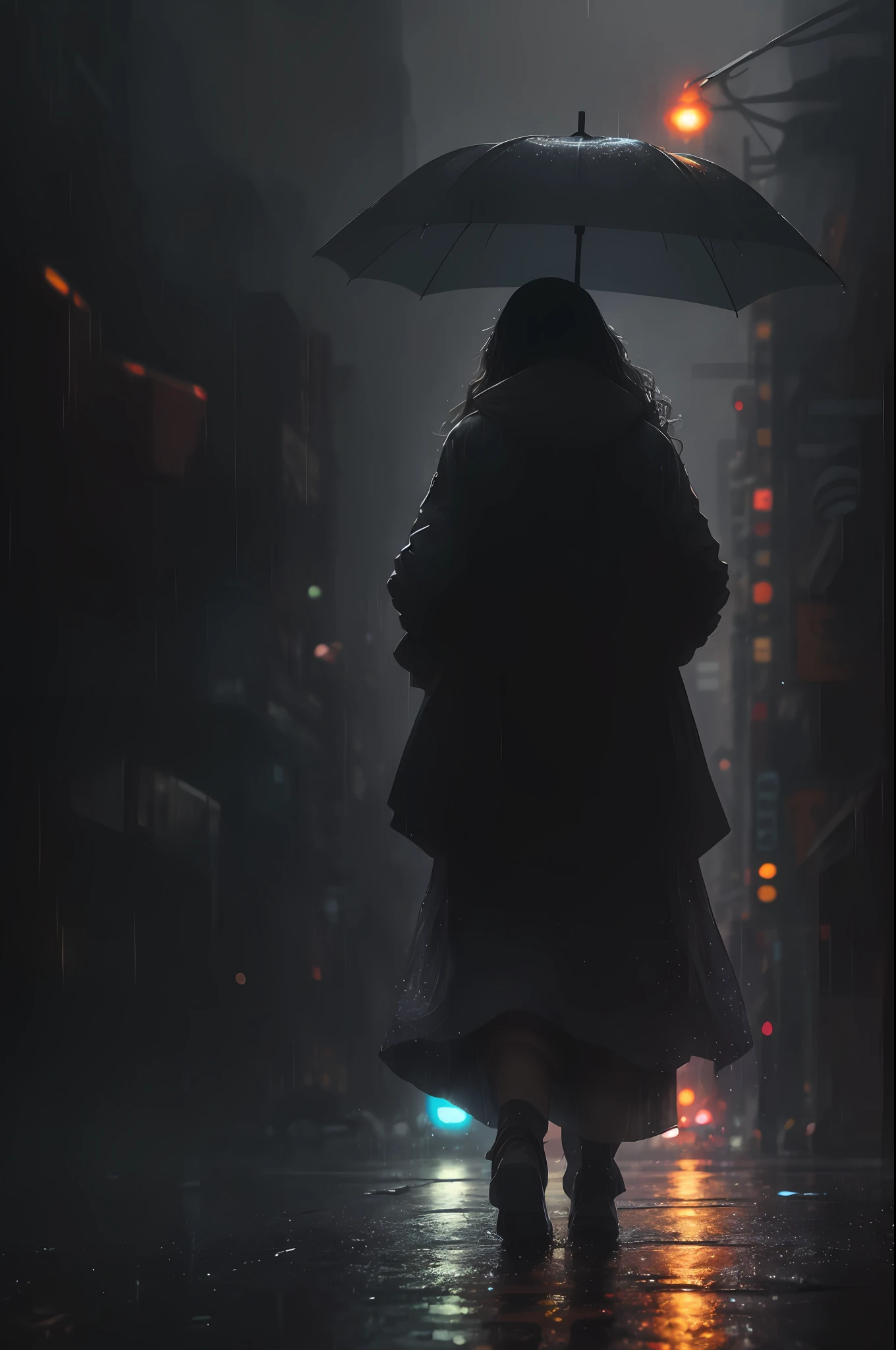 In a bustling cityscape adorned with towering skyscrapers and neon lights, a young woman 25 years old, , cute, walks down a rain-soaked road, his steps guided by the rhythm of the falling droplets. Holding a vibrant umbrella, he becomes an oasis of color amidst the gray backdrop. The rain intensifies, transforming the scene into a poetic symphony of water and light. Explore the interplay between the man's emotions and the atmosphere around him as he navigates this urban rainfall. What stories, memories, or dreams lie beneath his calm exterior? How does the rain's melancholic melody affect his journey? Capture the transient beauty and quiet strength of the woman's solitary walk through the rain-soaked streets,ultra realistic,8k resolution, - --auto --s2