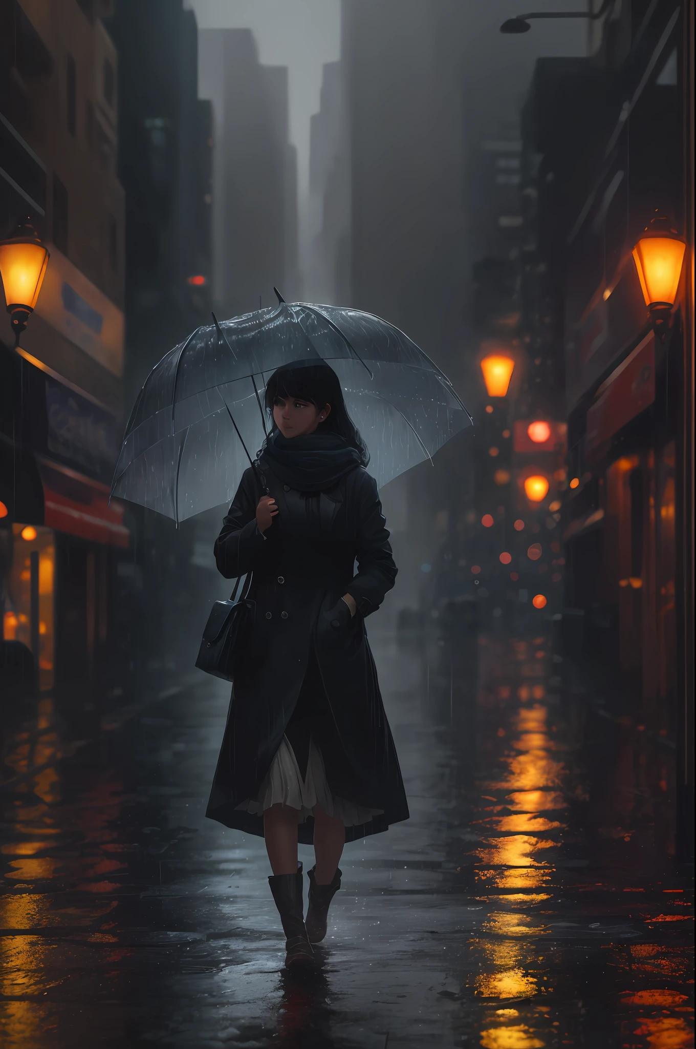 In a bustling cityscape adorned with towering skyscrapers and neon lights, a young woman 25 years old, , cute, walks down a rain-soaked road, his steps guided by the rhythm of the falling droplets. Holding a vibrant umbrella, he becomes an oasis of color amidst the gray backdrop. The rain intensifies, transforming the scene into a poetic symphony of water and light. Explore the interplay between the man's emotions and the atmosphere around him as he navigates this urban rainfall. What stories, memories, or dreams lie beneath his calm exterior? How does the rain's melancholic melody affect his journey? Capture the transient beauty and quiet strength of the woman's solitary walk through the rain-soaked streets,ultra realistic,8k resolution, - --auto --s2
