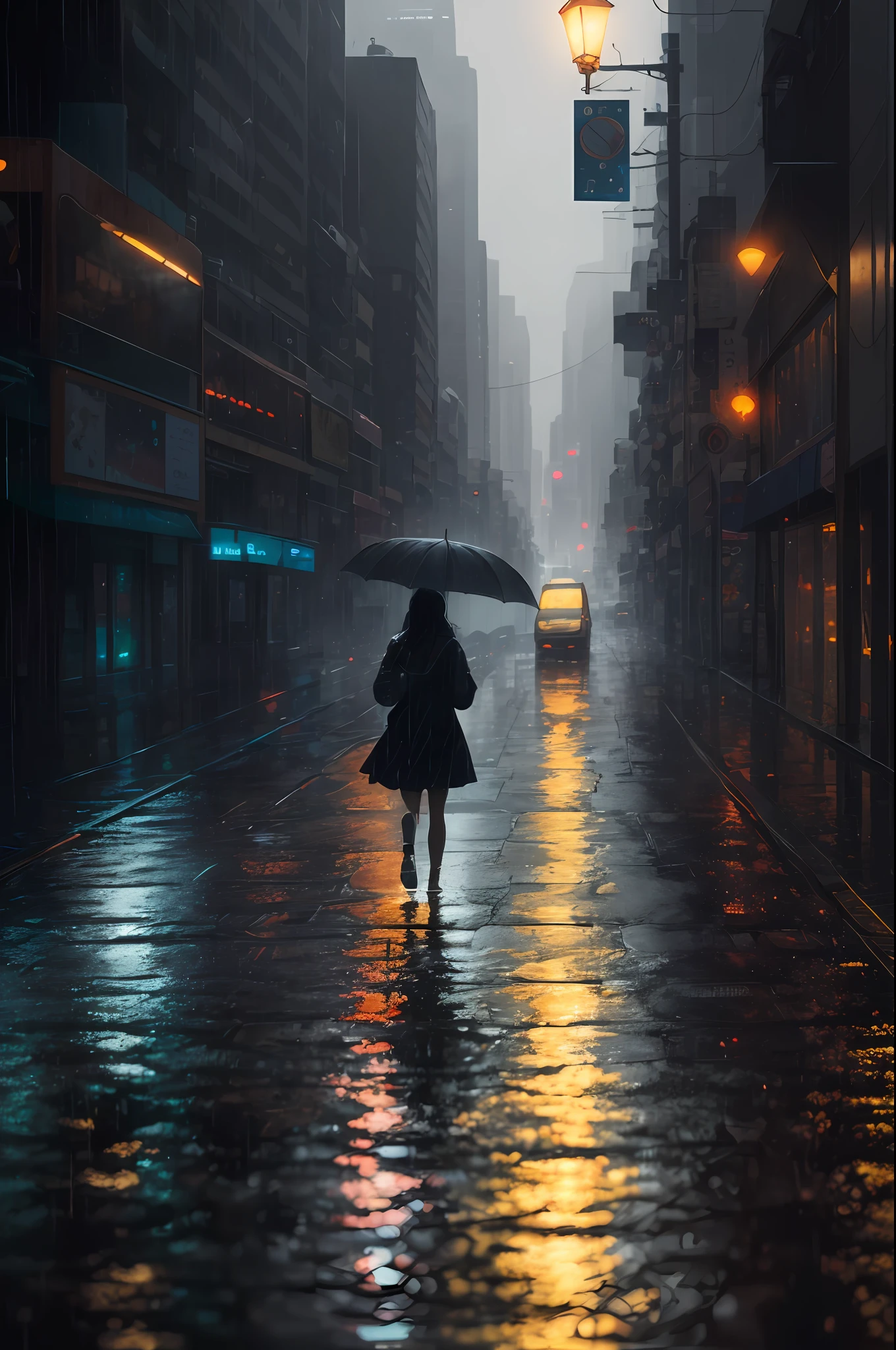 In a bustling cityscape adorned with towering skyscrapers and neon lights, a young woman 25 years old, , cute,  walks down a rain-soaked road, his steps guided by the rhythm of the falling droplets. Holding a vibrant umbrella, he becomes an oasis of color amidst the gray backdrop. The rain intensifies, transforming the scene into a poetic symphony of water and light. Explore the interplay between the man's emotions and the atmosphere around him as he navigates this urban rainfall. What stories, memories, or dreams lie beneath his calm exterior? How does the rain's melancholic melody affect his journey? Capture the transient beauty and quiet strength of the woman's solitary walk through the rain-soaked streets,ultra realistic,8k resolution, - --auto --s2