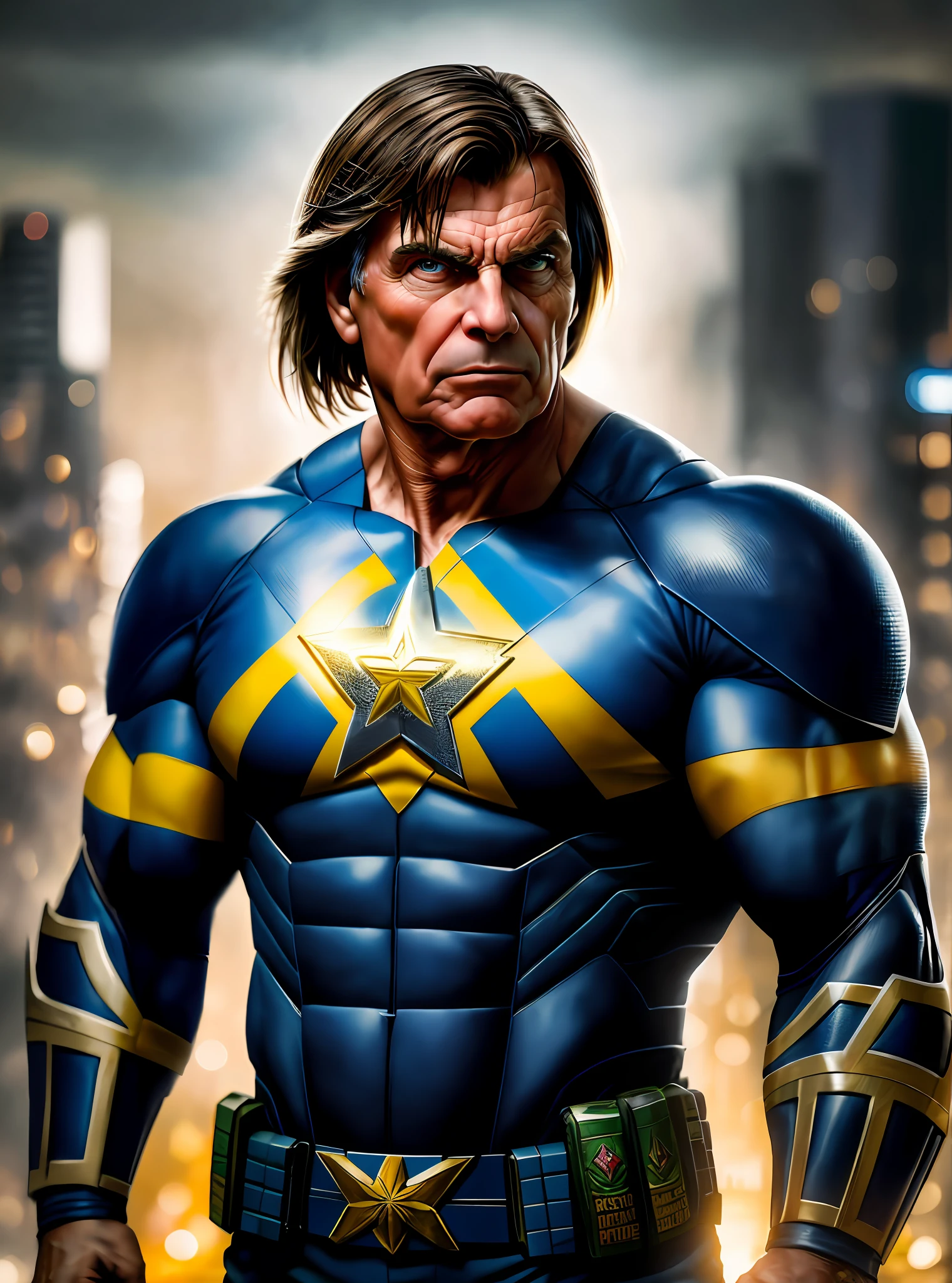Bolsonaro Former president of Brazil superhero,8k, high definition, hyper-realistic, + cinematic plan + dynamic composition, incredibly detailed, sharpness, detail details + night with light + perfectionism + award-winning realism ((ambient lighting))