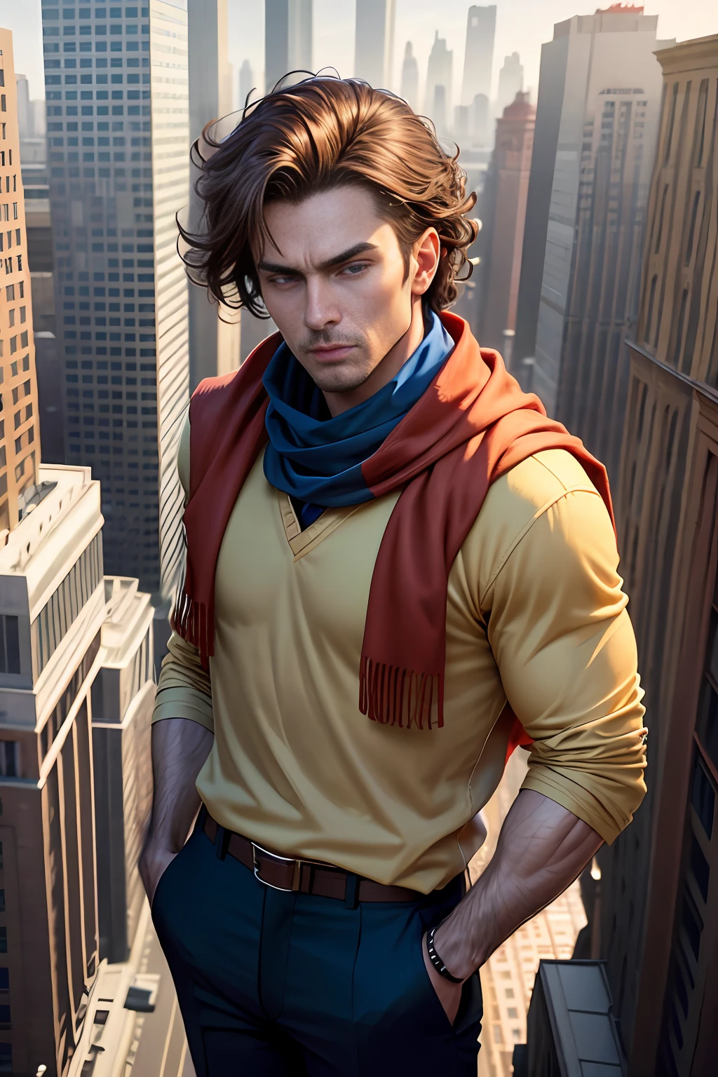 Raw 16k ultra HD vivid colors masterpiece ultra resolution, cinematic, a man hair, wavy brown, light brown eyes, with a beige colored pants, blue polo shirt, red scarf on the neck, on top of a tall building, turning into the villain Venom, man is half faced, Venom, scenery several buildings, a blue sky city