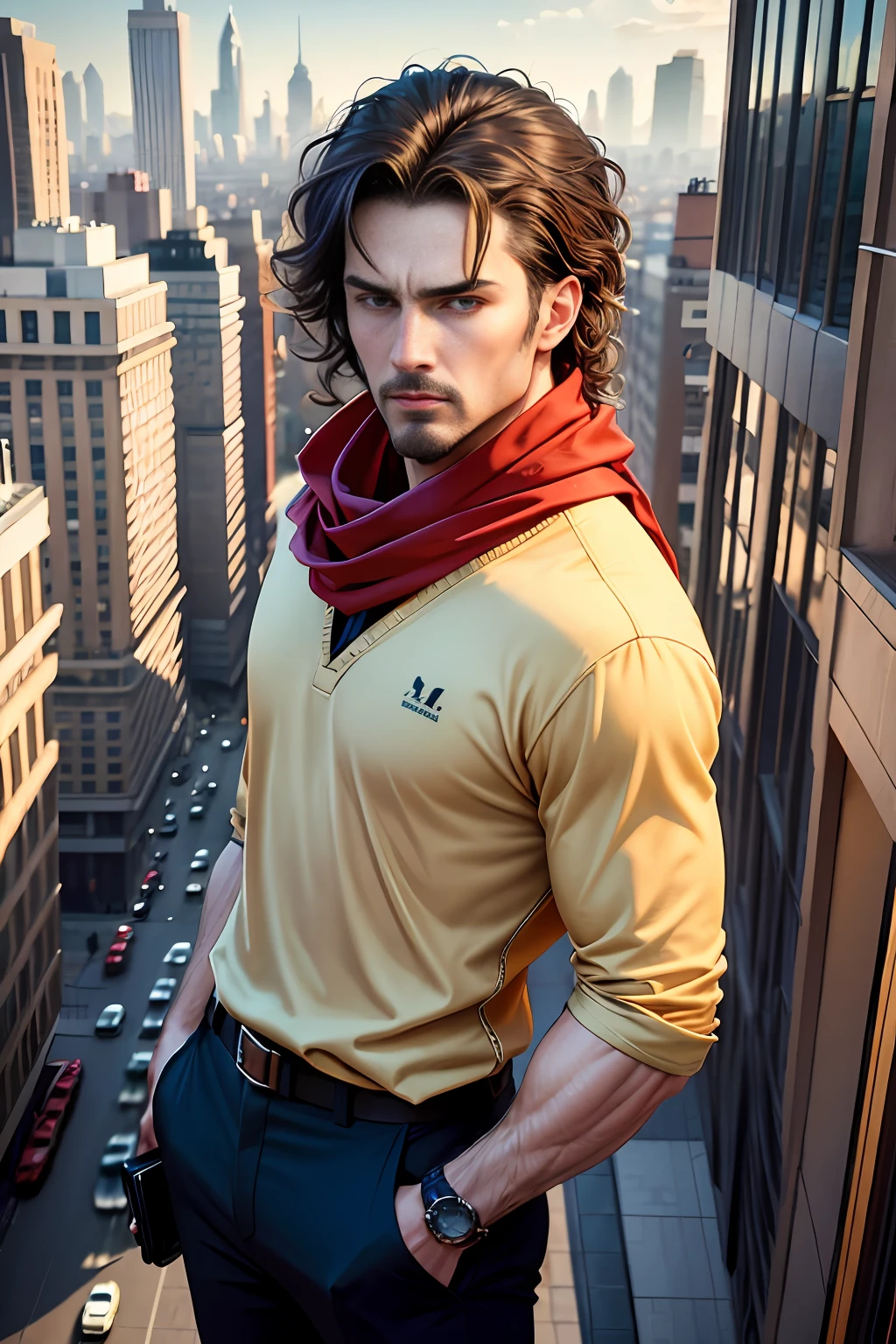 Raw 16k ultra HD vivid colors masterpiece ultra resolution, cinematic, a man hair, wavy brown, light brown eyes, with a beige colored pants, blue polo shirt, red scarf on the neck, on top of a tall building, turning into the villain Venom, man is half faced, Venom, scenery several buildings, a blue sky city