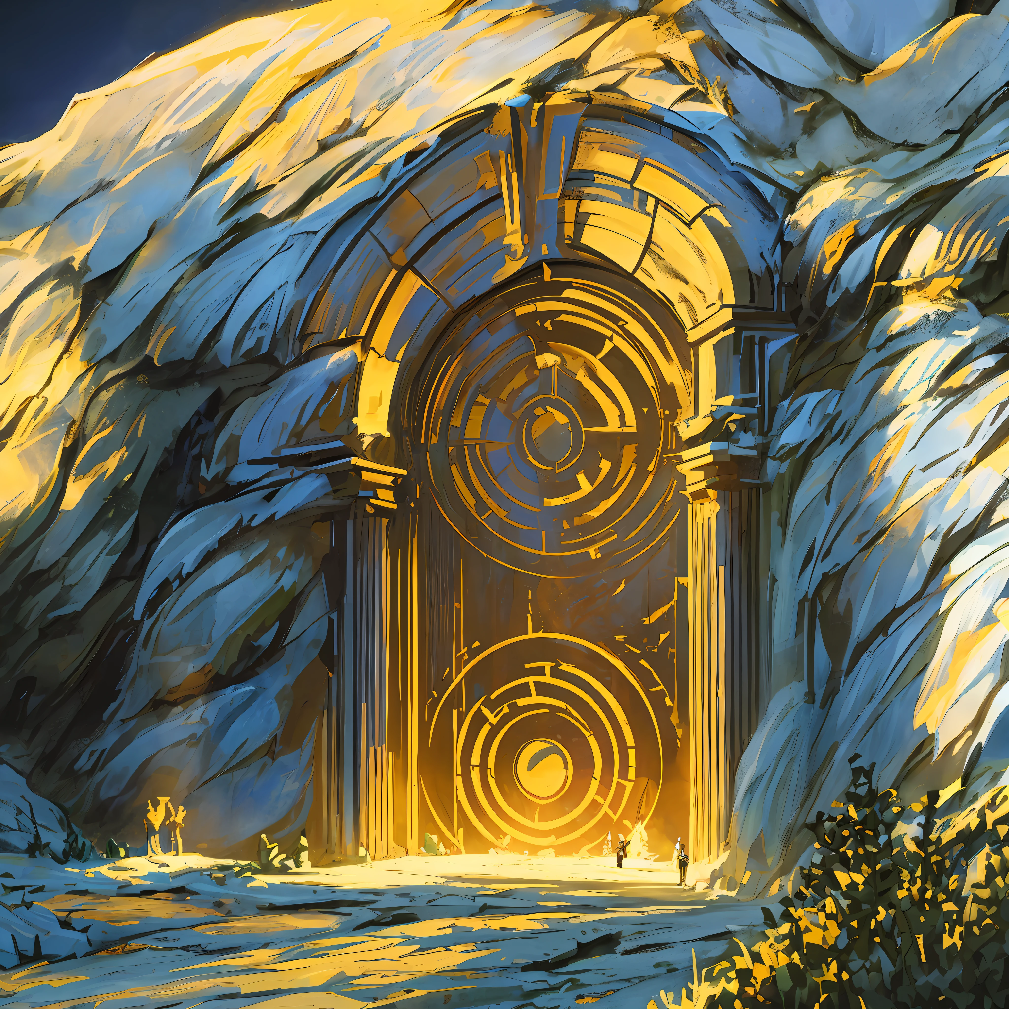 ancient strange ornate golden portal in the side of an old ancient mountain with a couple of people standing around it and looks like they have a research camp setup