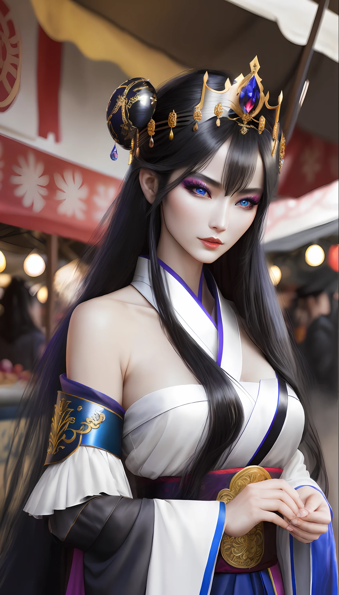 The Dragon Empress (1 woman, long black hair, blue eyes, white skin, medium breasts, makeup, lots of shine, dark eyelashes, dark shadow, perfect nose), fantasy medieval Korea, masterpiece, best quality, 8k, sharp focus, chromatic aberration, best shadows, perfect lights, HDR, realistic skin texture, hyper detailed background, photorealistic, RAW photo, bright body, insanely detailed, sexy lewd, (ecchi:  1,5), royal tiara, long fingerless gloves, wearing a sexy Hanbok, shoulders on display, in the city markets
