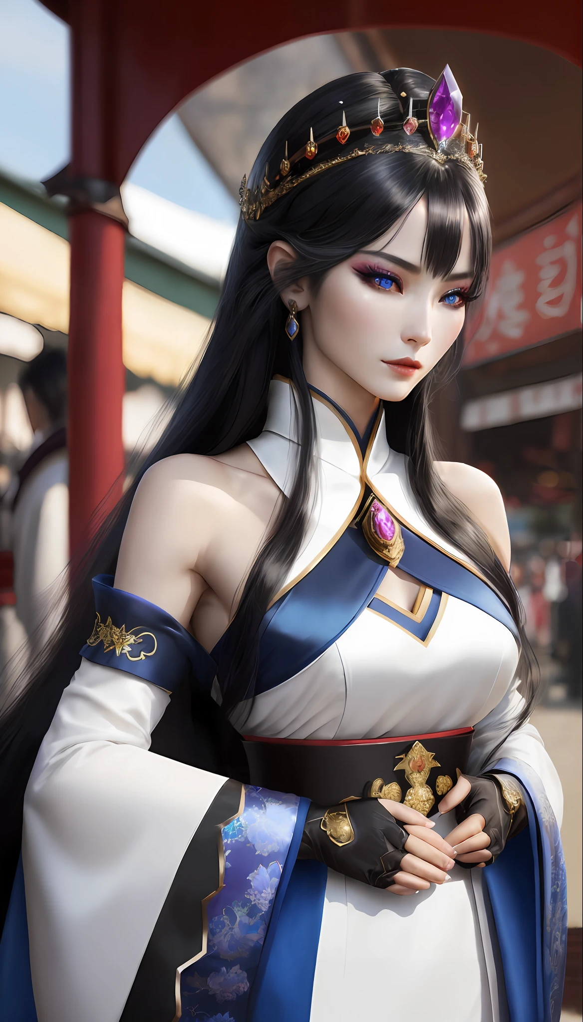The Dragon Empress (1 woman, long black hair, blue eyes, white skin, medium breasts, makeup, lots of shine, dark eyelashes, dark shadow, perfect nose), fantasy medieval Korea, masterpiece, best quality, 8k, sharp focus, chromatic aberration, best shadows, perfect lights, HDR, realistic skin texture, hyper detailed background, photorealistic, RAW photo, bright body, insanely detailed, sexy lewd, (ecchi:  1,5), royal tiara, long fingerless gloves, wearing a sexy Hanbok, shoulders on display, in the city markets