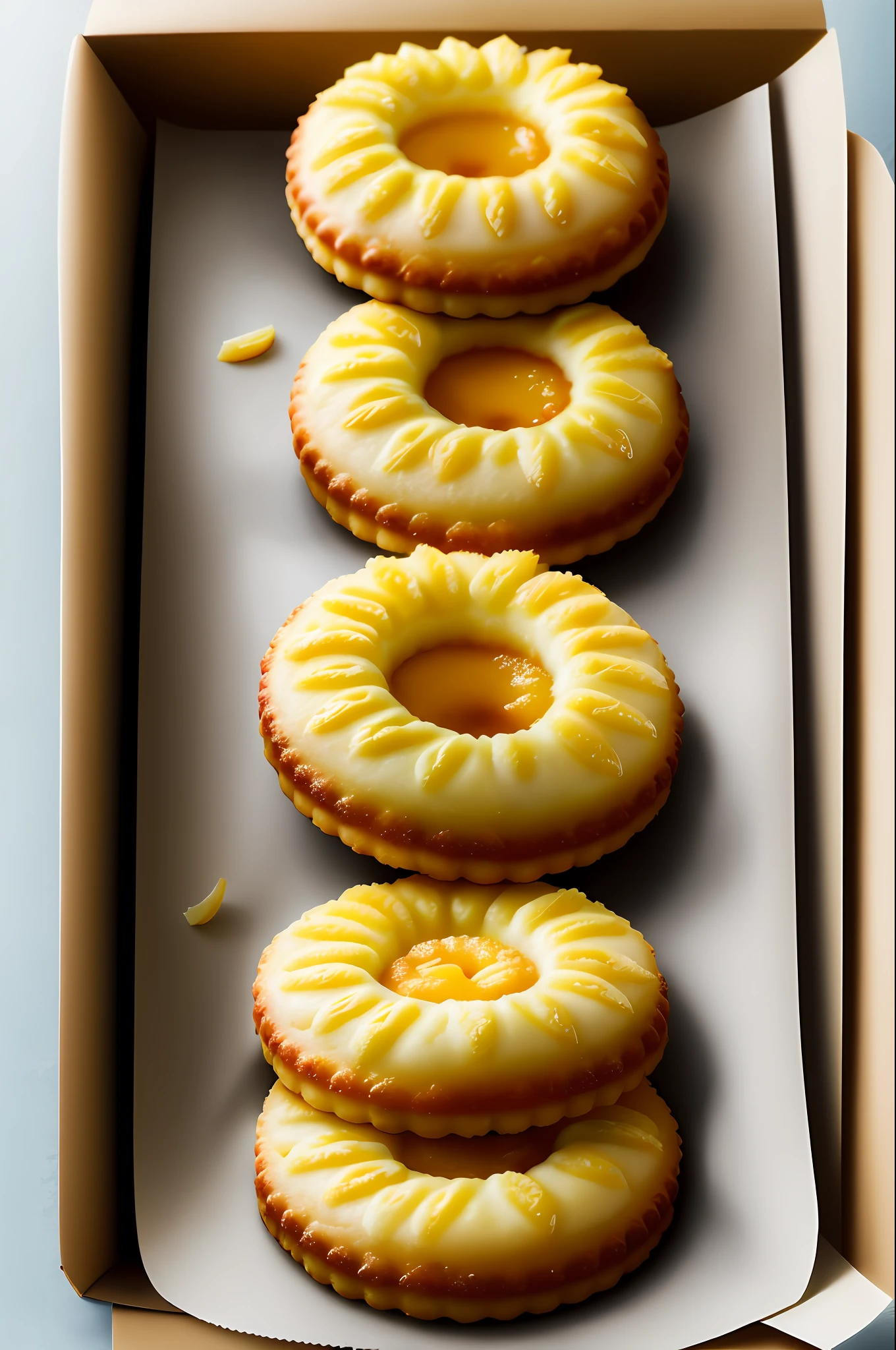 RAW photo, a portrait photo of professional foodporn  8k uhd, dslr, soft lighting, high quality, film grain, Fujifilm XT3,Pineapple Tarts - These buttery and crumbly cookies are filled with a sweet and tangy pineapple jam. The cookies are usually formed into small balls and then flattened with a fork, giving them a unique texture. The imagery could be of a pineapple or a pineapple tart.