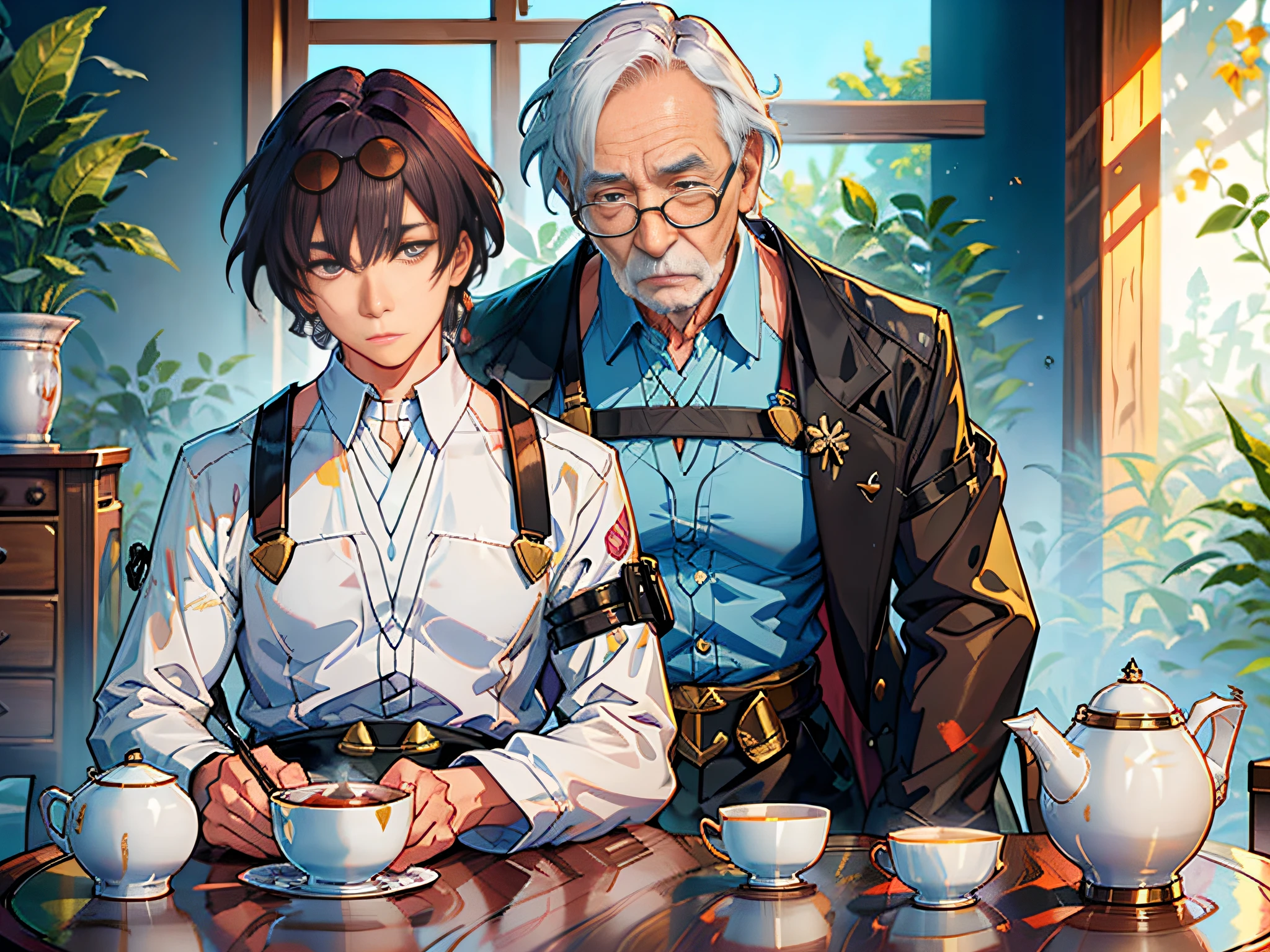 Camera Lens: Up Close Background: A quaint living room with an old-fashioned teapot and a few teacups on the table. Characters wear: Grandpa wears an ancient Taoist robe and carries a crutch. Character action: Grandpa looks at a handsome black-haired boy seriously, and the crutch in his hand gently taps the ground. Detailed description: Grandpa's face is solemn, revealing his jealousy of the five immortals. He warned a handsome black-haired boy in a heavy tone that he was not allowed to touch the five immortals, but did not explain the reason in detail.
