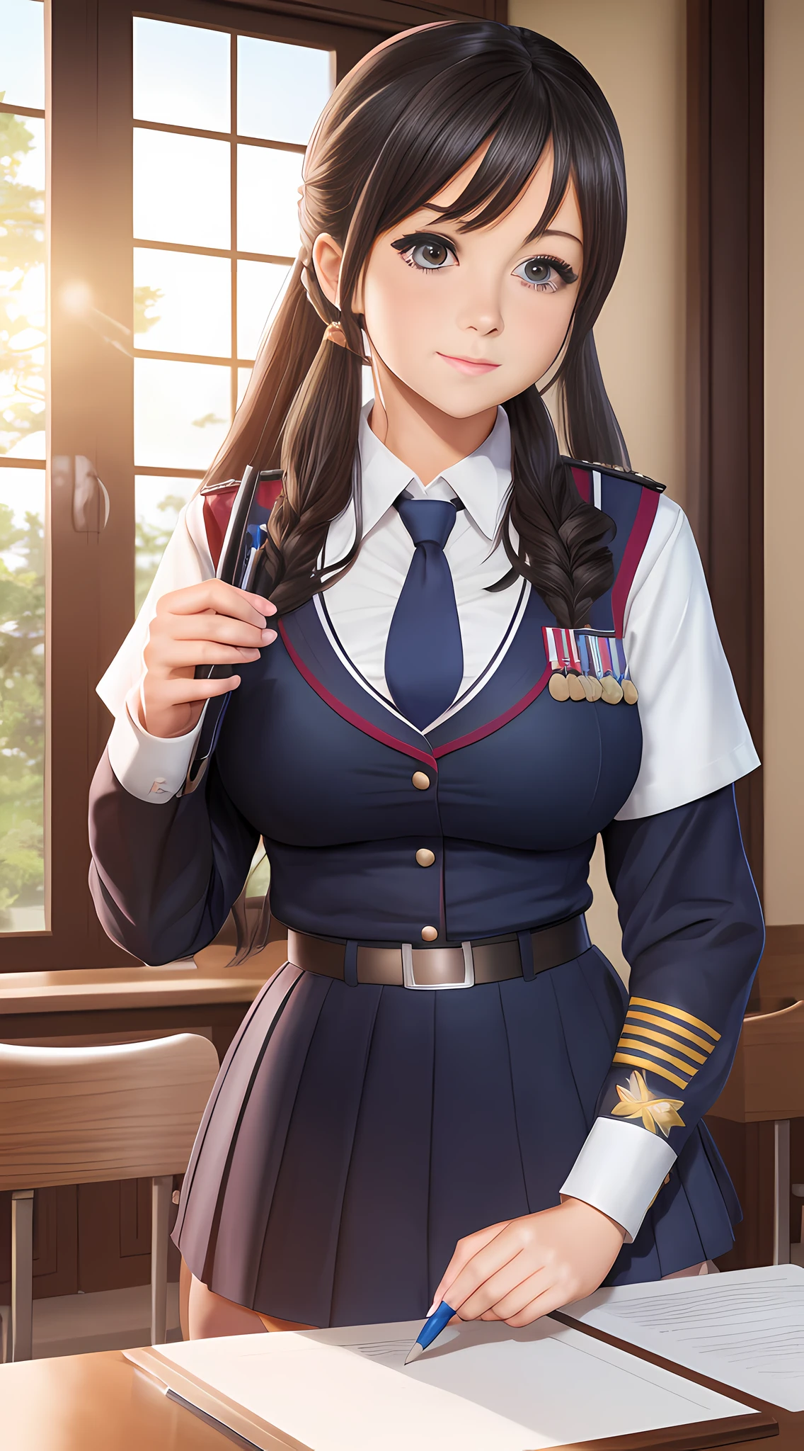 Woman in uniform writing on paper, ultra-realistic school girl, ultra-realistic school girl, Sakimi-chan, Seifuku, real school girl, Sakimi-chan, cute school girl, Kotegawa Yui, Sakimi-chan HDRI, realistic young gravure idol,