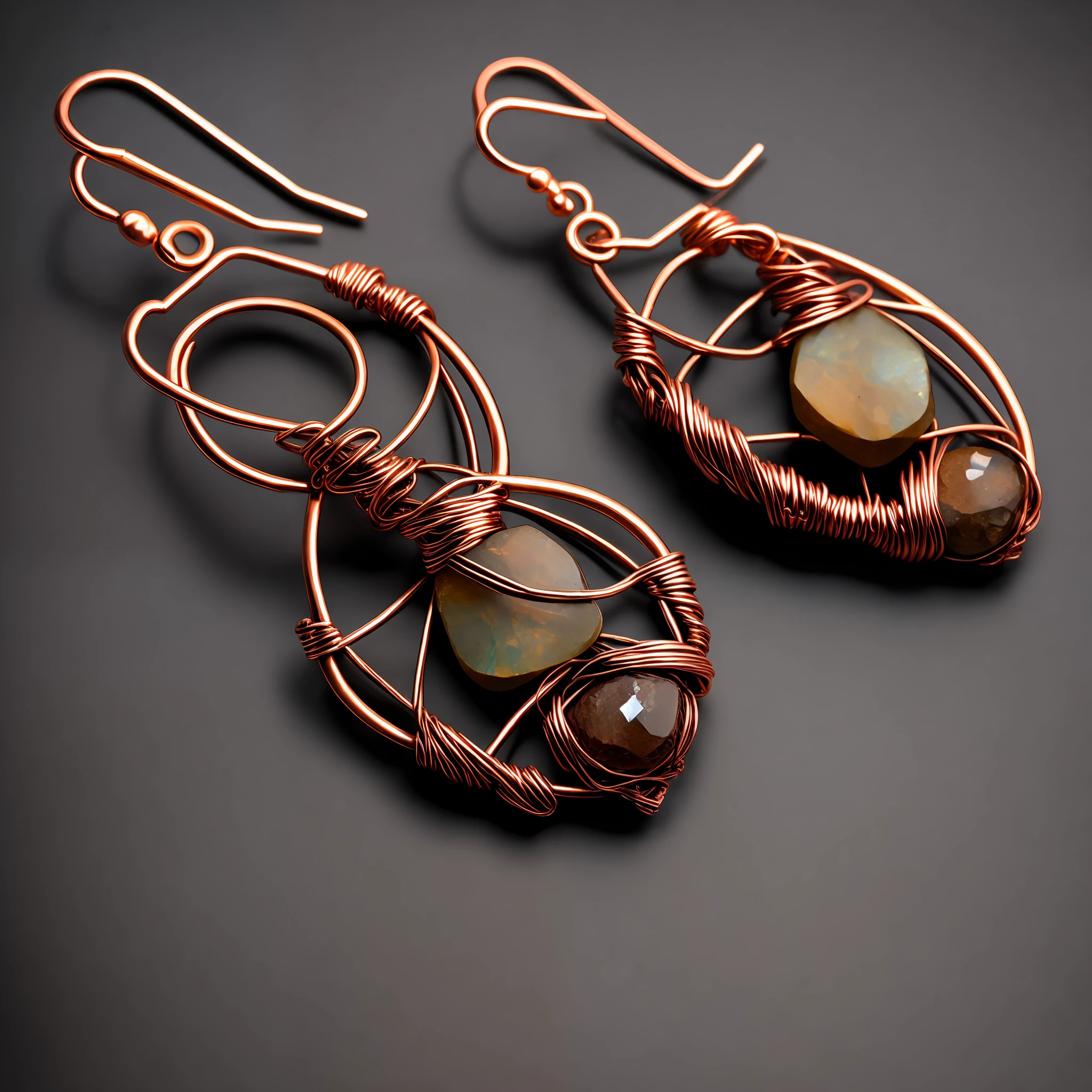Copper wire earrings, copper wire wrapped, complex shape, wire jewelry design, beautiful large colored stones, forged copper elements, flat copper elements, complex jewelry, natural shape, like catalog photography, combination of braided elements with flat treacherous elements, ((top view)), ((black velvet background))
