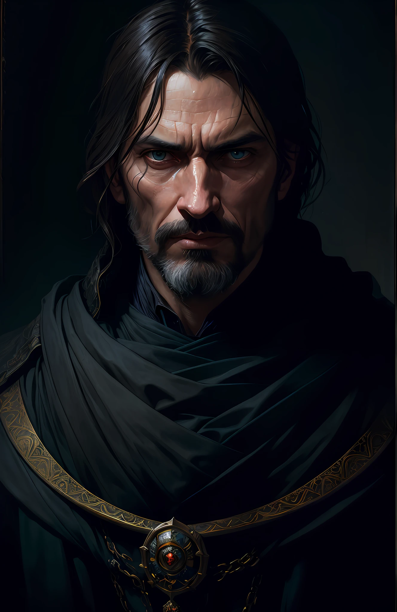 (dark theme:0.9), medieval portrait of a man sharp features, grim, cold stare, dark colors, Volumetric lighting, baroque oil painting by Greg Rutkowski, Artgerm, WLOP, Alphonse Mucha dynamic lighting hyperdetailed intricately detailed, (hdr:1.22), muted colors, complex background, hyperrealism, hyperdetailed, amandine van ray