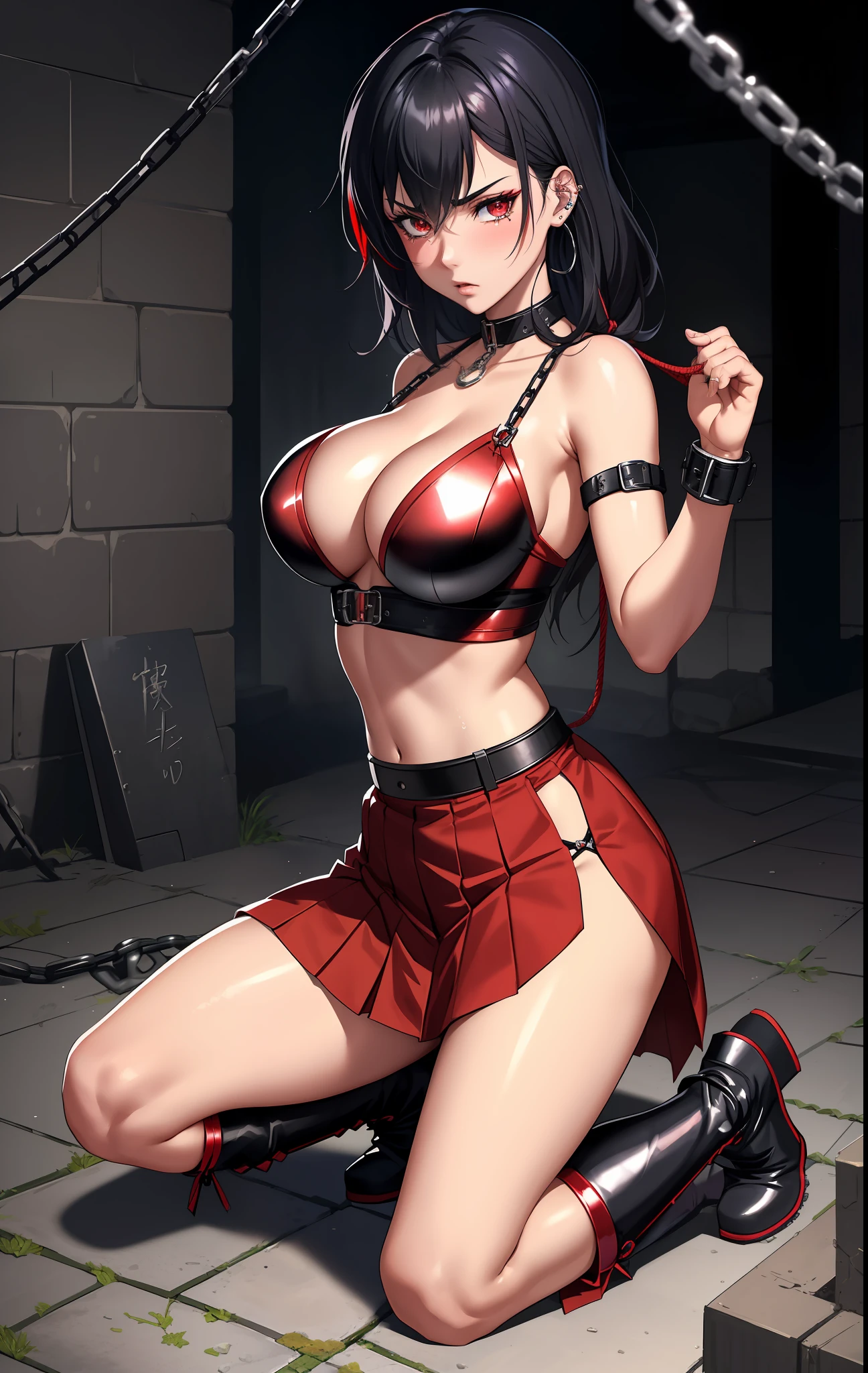 (((dramatic)))), (((gritty)))), (intense))),anime character,1 girl,solo,black hair long, beautiful face, beautiful eyes, vivid colors, night, highest quality digital art, stunning art, wallpaper 4k,8k,64k, hd, incomparable masterpiece, dynamic lighting, cinematic, epic, sexy, big, shiny big, chest that is about to spill out, ((red ninja clothes with a torn shiny mesh pattern, ninja, Japanese long boots, skirt))), large cleavage, copious sweat on the body, blush, hollow in the chest, tied behind with a rope, legs open, legs open, chained, large, hands chained, shackled, slave collars, chains around the neck, in a dark basement, cobblestones with an eerie cold atmosphere, open legs, M-shaped open legs, tied behind the hands with ropes, silver chains, open legs, legs spread, hung with chains, pulled up by chains, Restraints, slaves, contempt, tears, shackles, fetters, mature adults, charm, submission, shiny skin, exhausted, piercings that do not interfere with small battles,