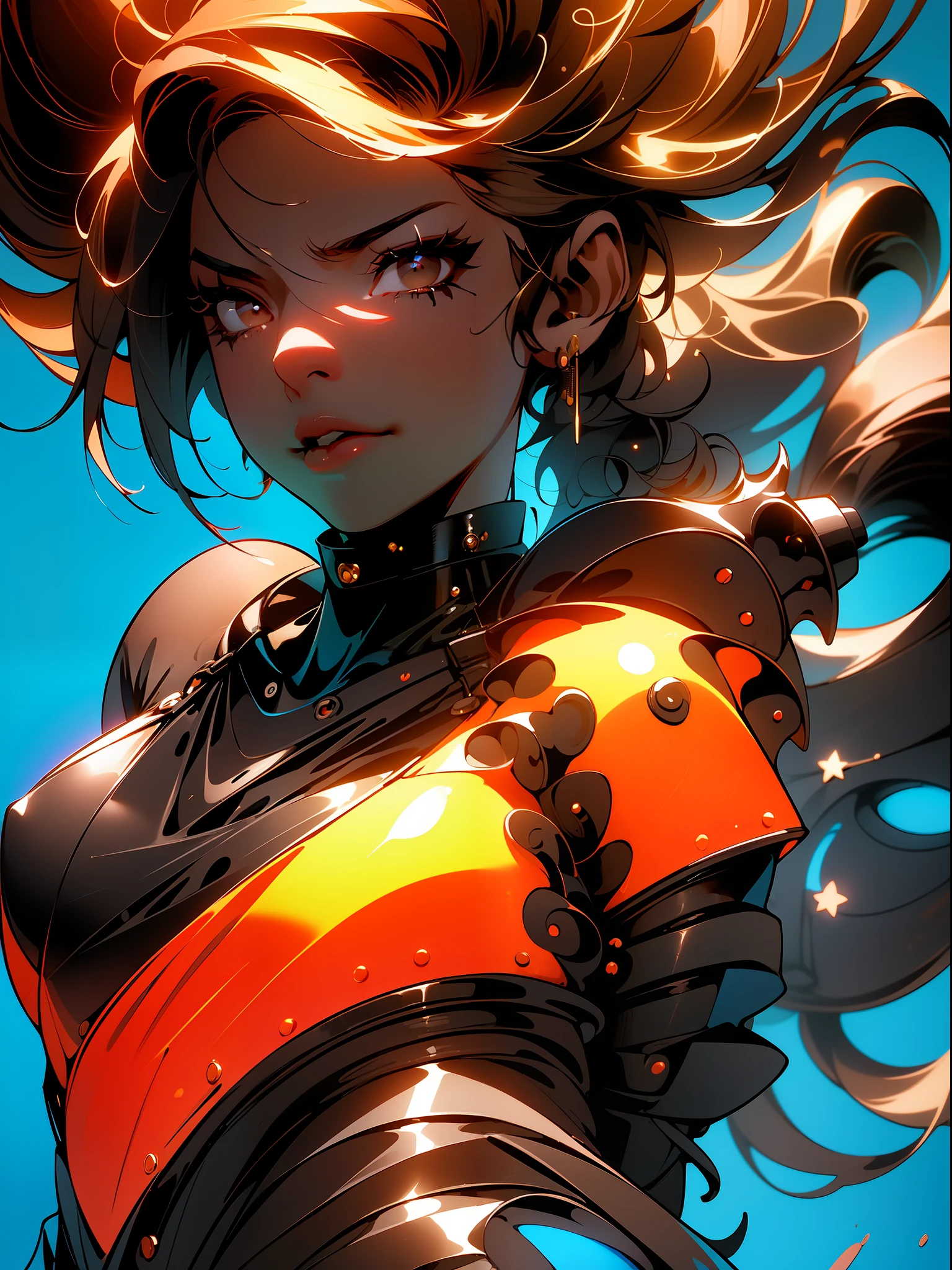 ((Best quality)), ((masterpiece)), (detailed: 1.4), (Absurd), furious princess, ((action pose)), (((woman with all-black graphite-colored skin)))), ready for war, black kinetic skin with exposed black muscles, hot woman, sculptural body with defined muscles, closed mouth, muscular body covered by a micro bikini, whole body covered by gold stars, ((medium breasts)), (eyes with heavy and very black makeup without pupils),  (((short black hair style colonel Motoko)), (stars covering the body), ((drawings of golden stars on the arms)), very long eyelashes, heavy eye makeup, lots of jewelry, by mucha, niji --V5, close to real, psychopathic, crazy face, sexy pose, background with a giant Gundam style robot head, 2 piece clothing, pastel, centered, scale to fit the dimensions,  HDR (High Dynamic Range),Ray Tracing,NVIDIA RTX,Super-Resolution,Unreal 5,Subsurface Dispersion, PBR Texture, Post-processing, Anisotropic filtering, Depth of field, Maximum clarity and sharpness, Multilayer textures, Albedo and specular maps, Surface shading, Accurate simulation of light-material interaction, Perfect proportions, Octane Render, Two-tone lighting, Wide aperture, Low ISO, White balance, Rule of thirds,  8K RAW, crysisnanosuit
