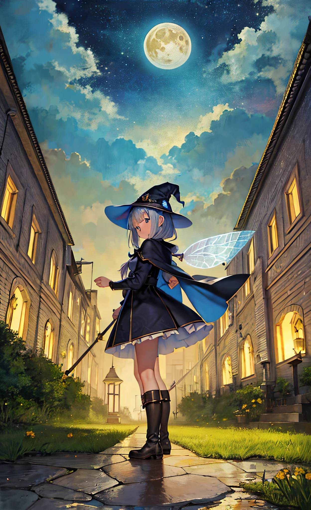 masterpiece, best quality, ultra-detailed, illustration, 1girl, solo, fantasy, flying, broom, night sky, outdoors, magic, spells, moon, stars, clouds, wind, hair, cape, hat, boots, broomstick, glowing, mysterious, enchanting, whimsical, playful, adventurous, freedom, wonder, imagination, determination, skill, speed, movement, energy, realism, naturalistic, figurative, representational, beauty, fantasy culture, mythology, fairy tales, folklore, legends, witches, wizards, magical creatures, fantasy worlds, composition, scale, foreground, middle ground, background, perspective, light, color, texture, detail, beauty, wonder.