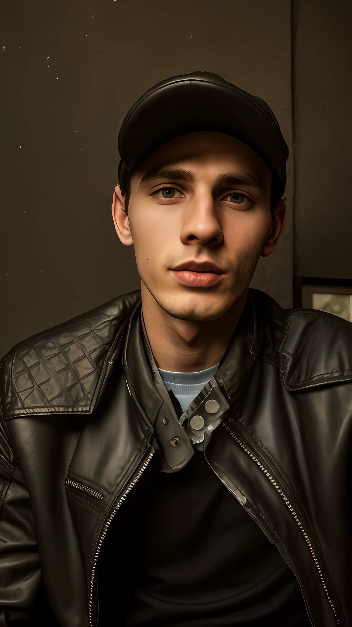 there is a man wearing a leather jacket and a hat, gopnik in a black leather jacket, andrei riabovitchevy, very very low quality picture, encho enchev, azimov, around 1 9 , artyom turskyi, andrey surnov, michal, style of anton fadeev