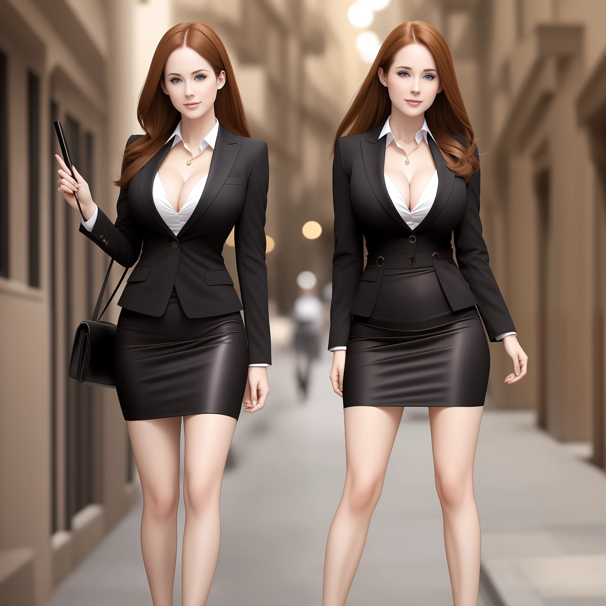 identical twins, business women, pale skin, brown hair, hazel eyes, cleavage, natural faces, natural breasts, cleavage, black pencil skirts, high heels, full body, hugging --auto --s2