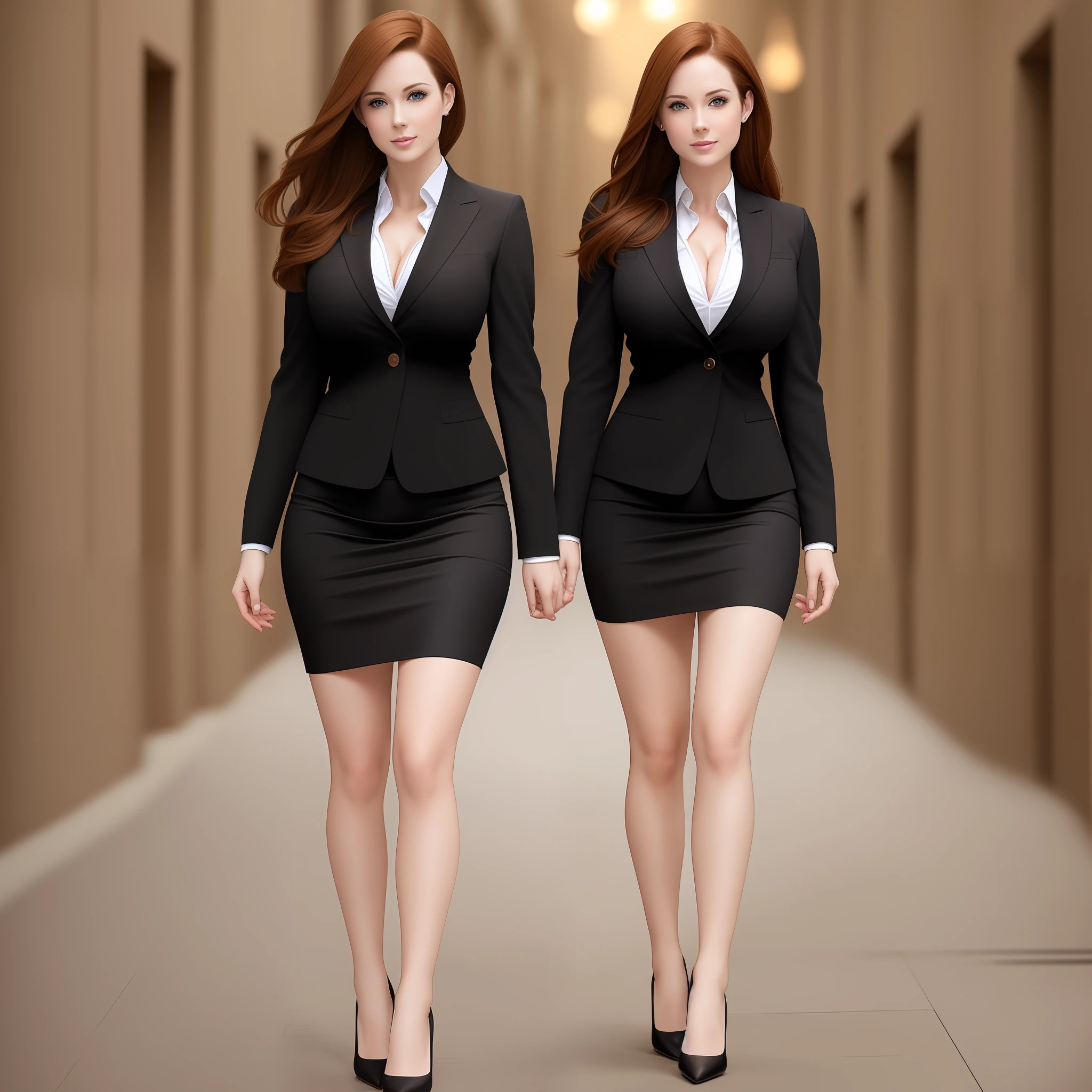 identical twins, business women, pale skin, brown hair, hazel eyes, cleavage, natural faces, natural breasts, cleavage, black pencil skirts, high heels, full body, hugging --auto --s2