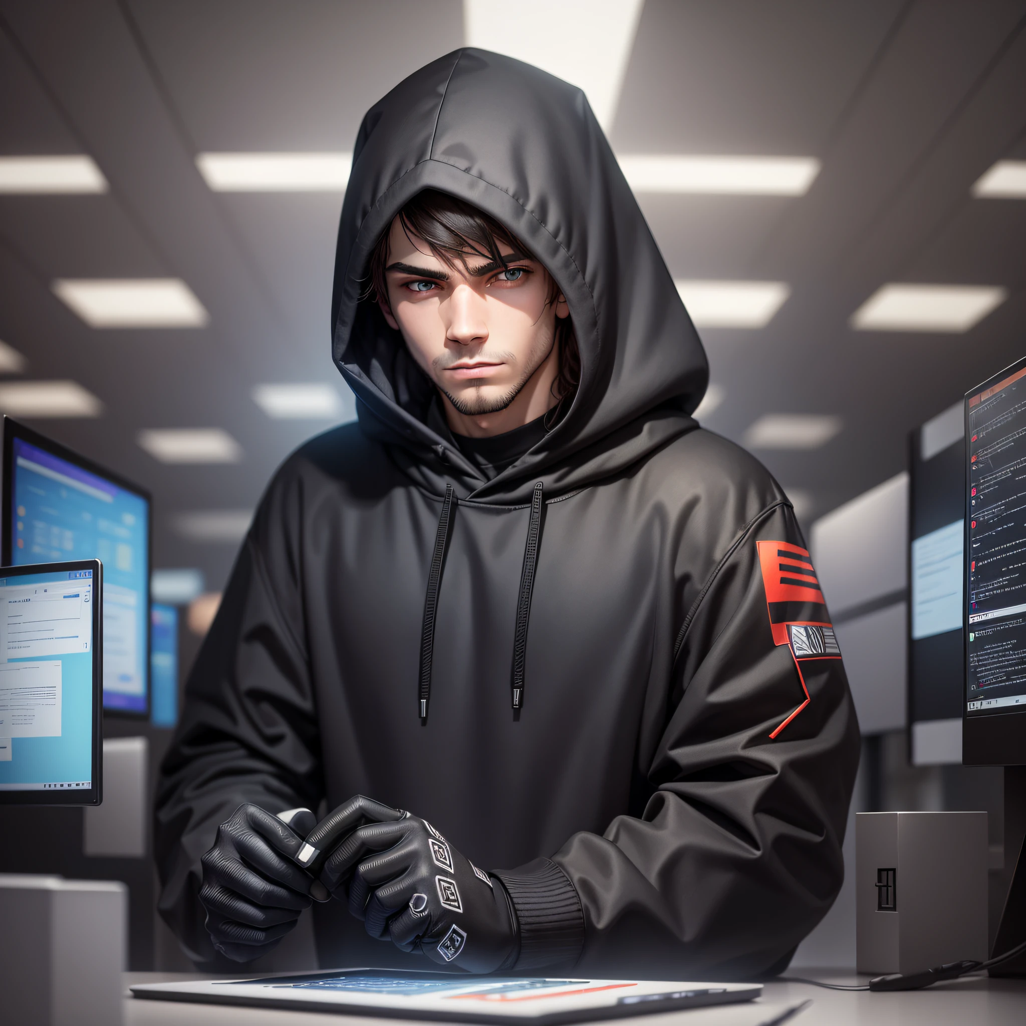 male, focus on face, hacker, with smart expression, copying art from others, black hood, office background, with a computer, detailed background --auto --s2