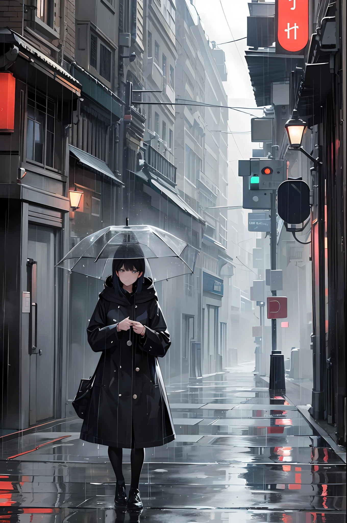 In a bustling cityscape adorned with towering skyscrapers and neon lights, a young woman 25 years old, , cute, walks down a rain-soaked road, his steps guided by the rhythm of the falling droplets. Holding a vibrant umbrella, he becomes an oasis of color amidst the gray backdrop. The rain intensifies, transforming the scene into a poetic symphony of water and light. Explore the interplay between the man's emotions and the atmosphere around him as he navigates this urban rainfall. What stories, memories, or dreams lie beneath his calm exterior? How does the rain's melancholic melody affect his journey? Capture the transient beauty and quiet strength of the woman's solitary walk through the rain-soaked streets,ultra realistic,8k resolution, - --auto --s2