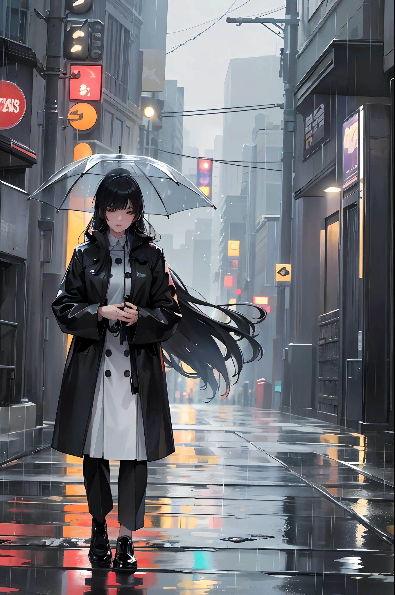 In a bustling cityscape adorned with towering skyscrapers and neon lights, a young woman 25 years old, , cute, walks down a rain-soaked road, his steps guided by the rhythm of the falling droplets. Holding a vibrant umbrella, he becomes an oasis of color amidst the gray backdrop. The rain intensifies, transforming the scene into a poetic symphony of water and light. Explore the interplay between the man's emotions and the atmosphere around him as he navigates this urban rainfall. What stories, memories, or dreams lie beneath his calm exterior? How does the rain's melancholic melody affect his journey? Capture the transient beauty and quiet strength of the woman's solitary walk through the rain-soaked streets,ultra realistic,8k resolution, - --auto --s2
