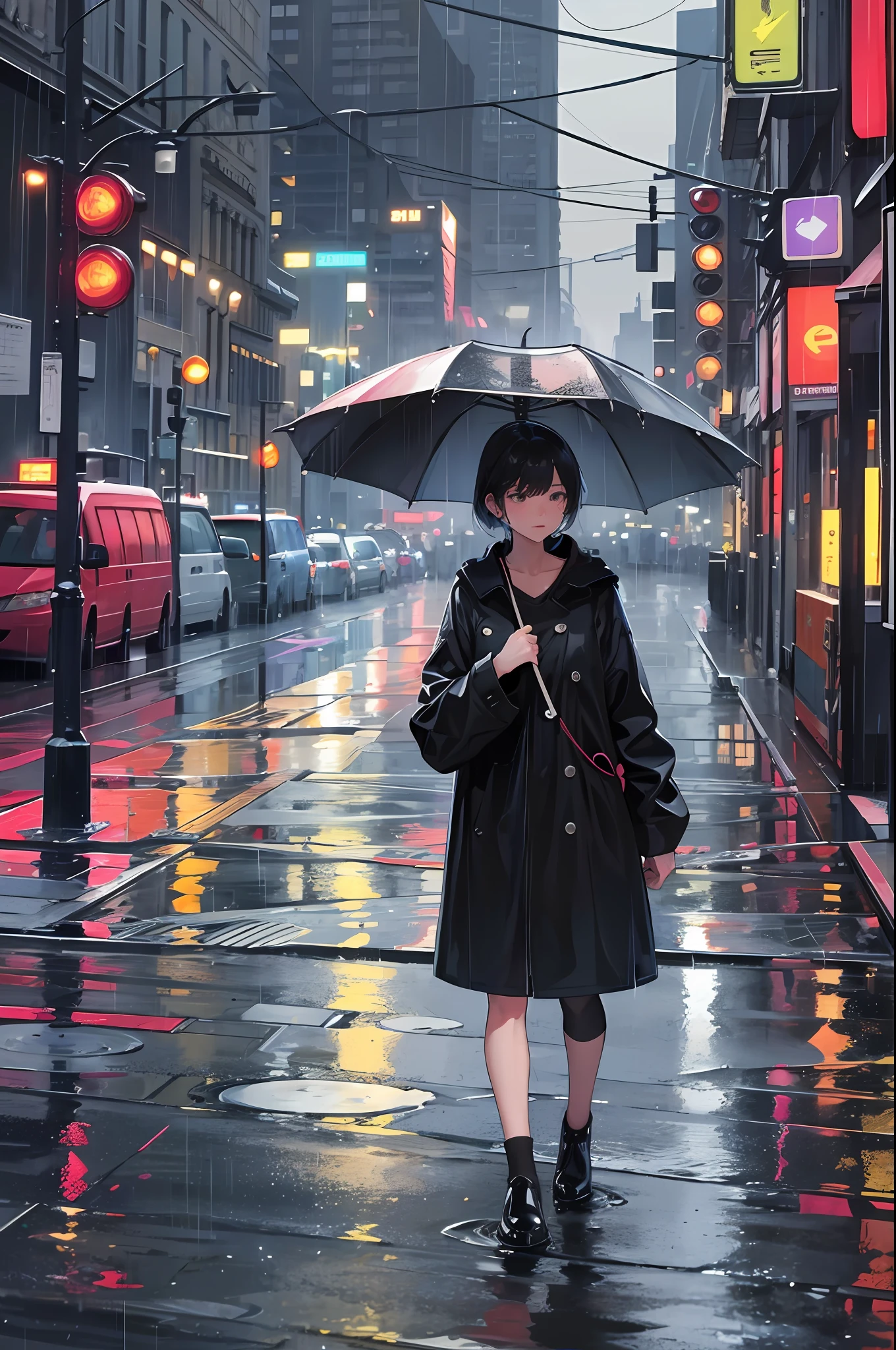 In a bustling cityscape adorned with towering skyscrapers and neon lights, a young woman 25 years old, , cute, walks down a rain-soaked road, his steps guided by the rhythm of the falling droplets. Holding a vibrant umbrella, he becomes an oasis of color amidst the gray backdrop. The rain intensifies, transforming the scene into a poetic symphony of water and light. Explore the interplay between the man's emotions and the atmosphere around him as he navigates this urban rainfall. What stories, memories, or dreams lie beneath his calm exterior? How does the rain's melancholic melody affect his journey? Capture the transient beauty and quiet strength of the woman's solitary walk through the rain-soaked streets,ultra realistic,8k resolution, - --auto --s2