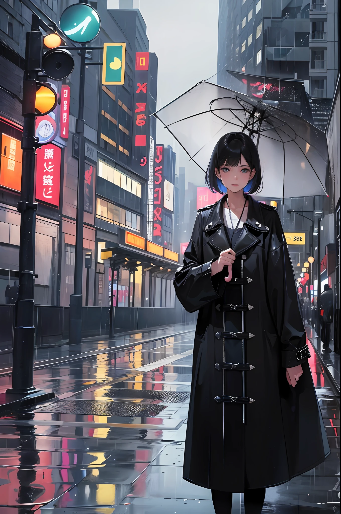 In a bustling cityscape adorned with towering skyscrapers and neon lights, a young woman 25 years old, , cute, walks down a rain-soaked road, his steps guided by the rhythm of the falling droplets. Holding a vibrant umbrella, he becomes an oasis of color amidst the gray backdrop. The rain intensifies, transforming the scene into a poetic symphony of water and light. Explore the interplay between the man's emotions and the atmosphere around him as he navigates this urban rainfall. What stories, memories, or dreams lie beneath his calm exterior? How does the rain's melancholic melody affect his journey? Capture the transient beauty and quiet strength of the woman's solitary walk through the rain-soaked streets,ultra realistic,8k resolution, - --auto --s2