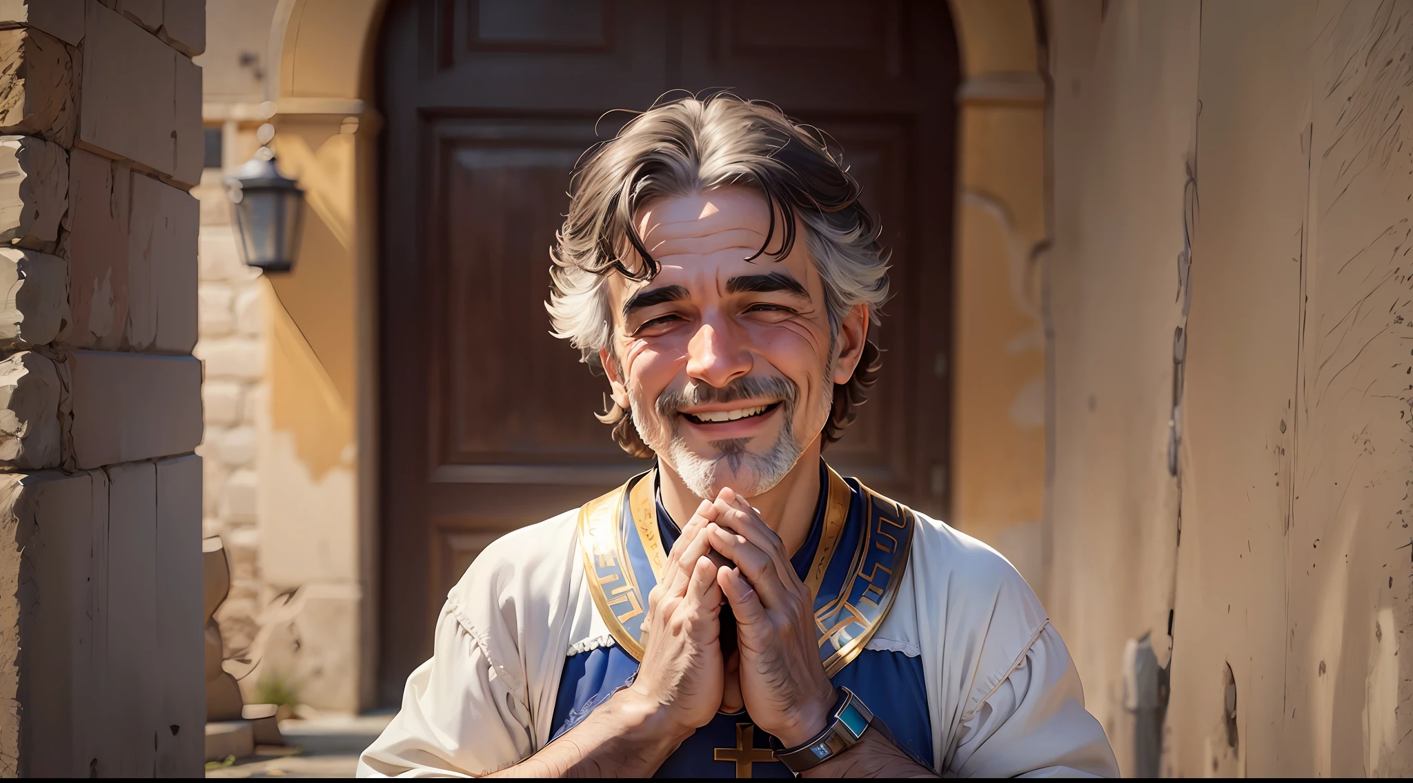 An image of a Greek person smiling and with his hands in a prayer position --auto --s2