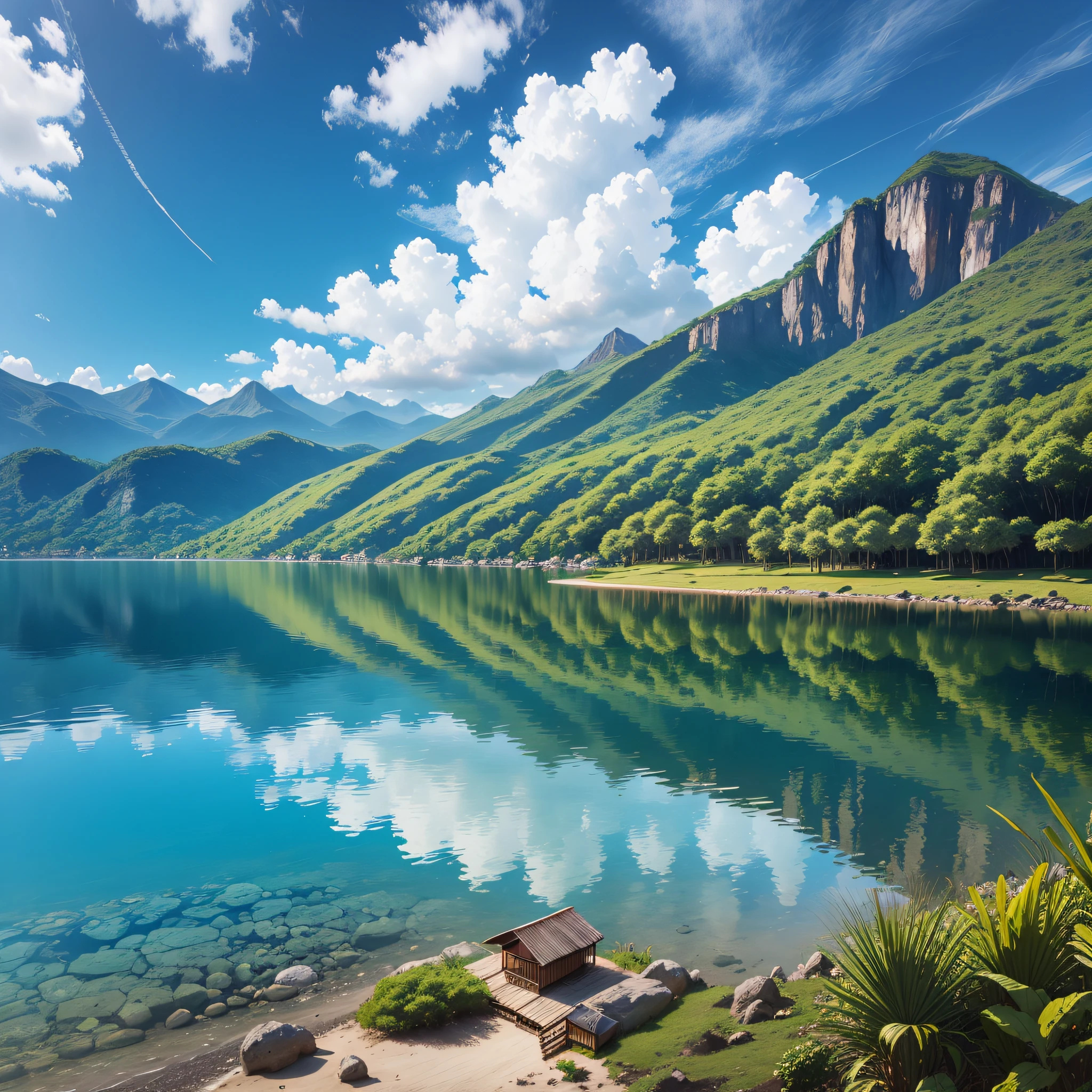 Small brazilian hut at the foot of the mountain, beautiful lake mirroring the landscape. blue sky --auto --s2