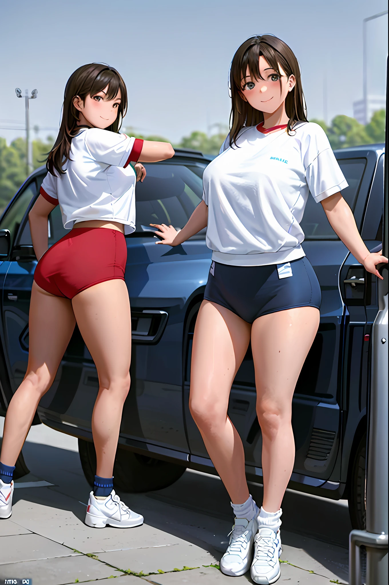 (Masterpiece: 1.2), best quality, illustrations, pretty girls, two girls, (dark blue bloomers: 1.1) and (white gym clothes: 1.2), beautiful ass, smile, black eyes, medium breasts, (black hair: 1.0), plump thighs, white sneakers, black high socks, (sky: 1.0), police car, road,