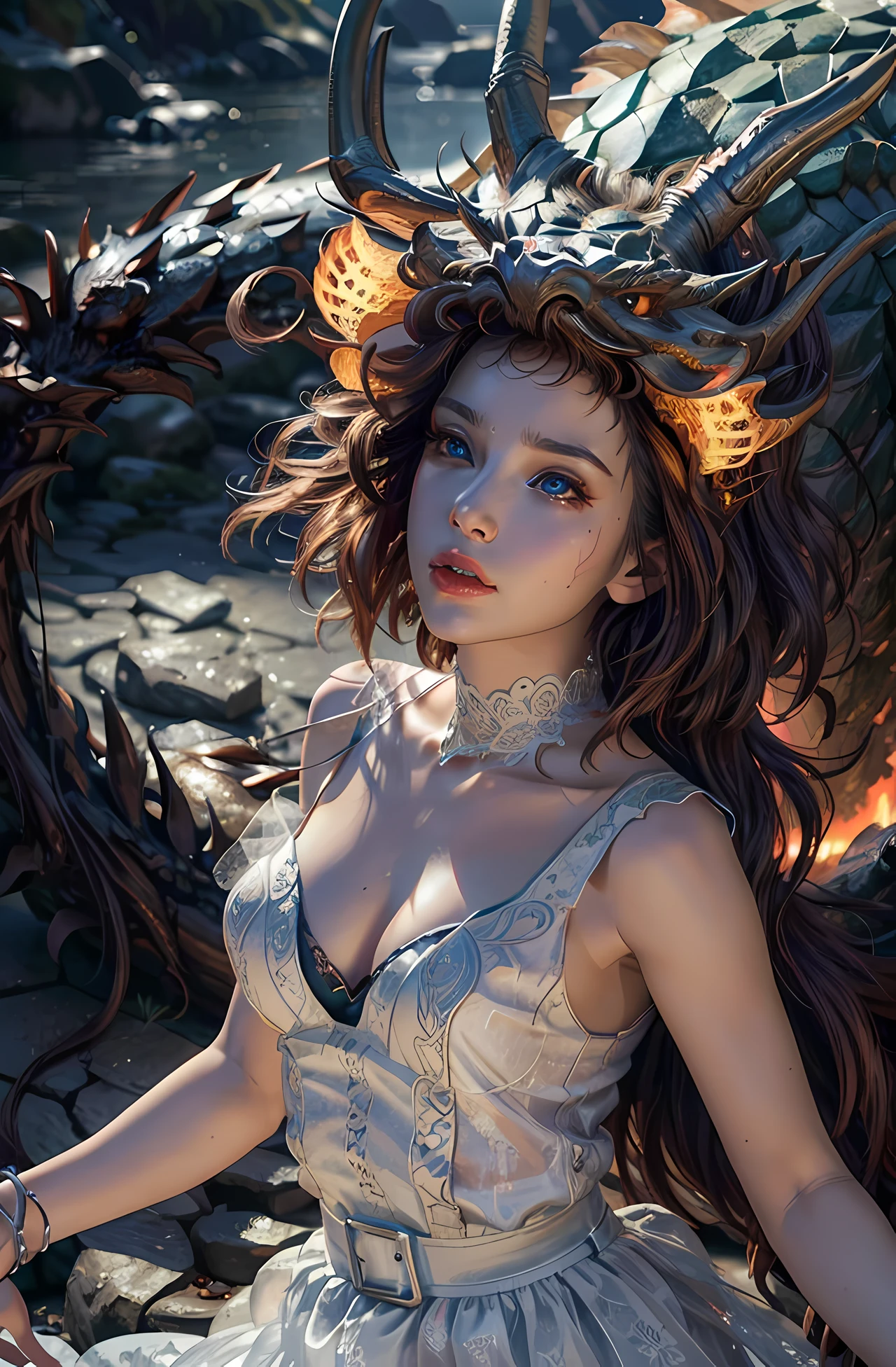 [(Hassleblad H6D-400c)], [(medium format image)],[(dreamer)],[(400 mega pixels)], (photorealistic:1.4), (RAW photo:1.2), (8k), (masterpiece:1.3), (realistic), (hyper-realistic), ultra-detailed, illustration, muito_alta_realista:1.5, muito_alta:1.5 resolution, HDR, CG, unit, 8k wallpaper, amazing, fine details, official art, extremely detailed 8k CG wallpaper unit, (best quality), incredibly absurd, ultra-detailed,  Facial light, movie lights, cinematic lighting, professional lighting, photon mapping, radiosity, physics-based rendering, ground focus, sharp focus, high resolution, extremely detailed, extremely delicate and beautiful Intricate detail facial muscles Beautiful woman detailed Natural makeup Extremely detailed face Looking away Epic dragon on top fire coming out of your mouth on Fire. Dark studio. Rim lighting. Two-ton lighting