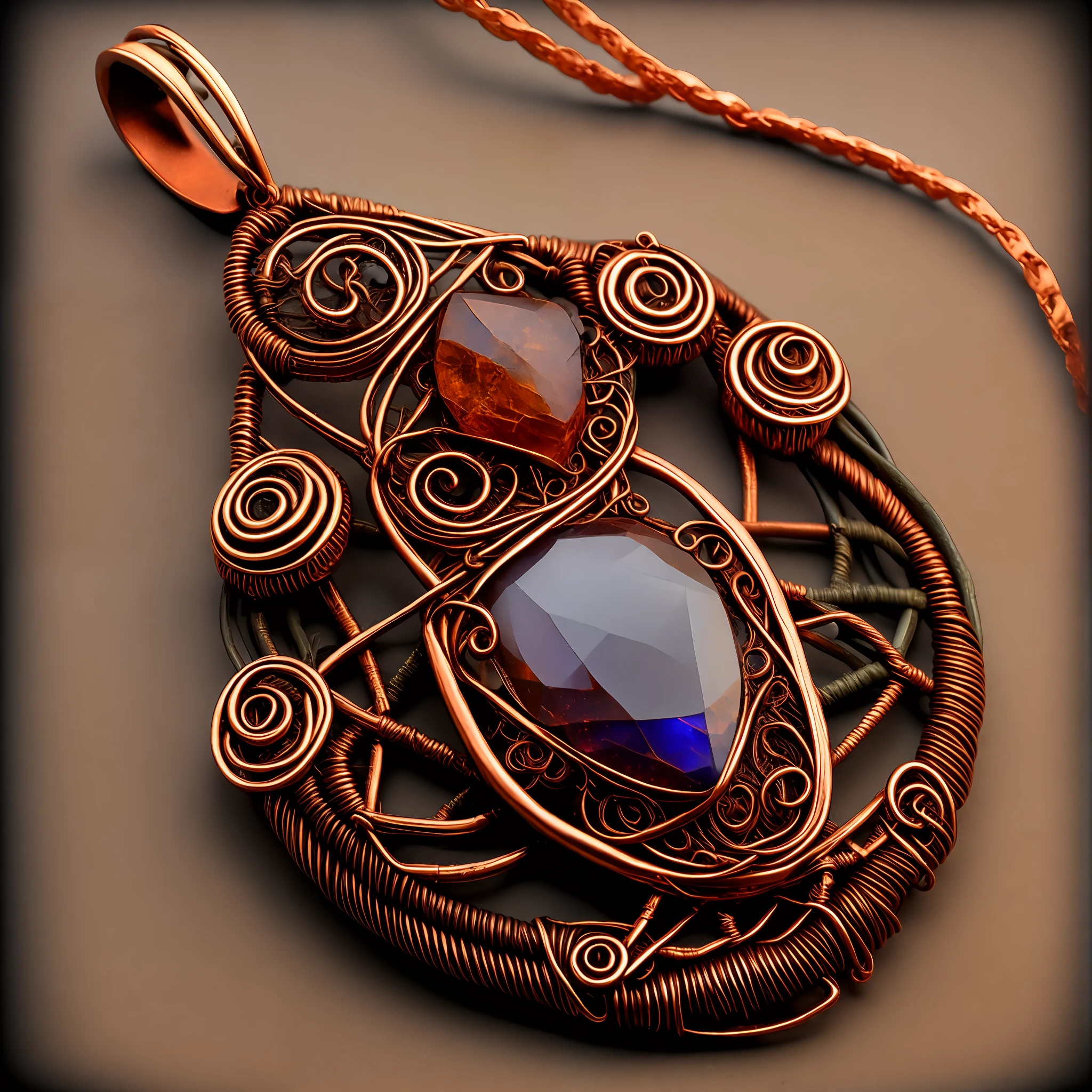 Pendant, copper wire pendant wrapped with copper wire, complex shape, wire jewelry design, beautiful large colored stones, forged copper elements, steampunk design elements, (steampunk style), flat copper elements, complex jewelry, natural shape like catalog photography, combination of braided elements with flat insidious elements, ((top view)), ((black velvet background))