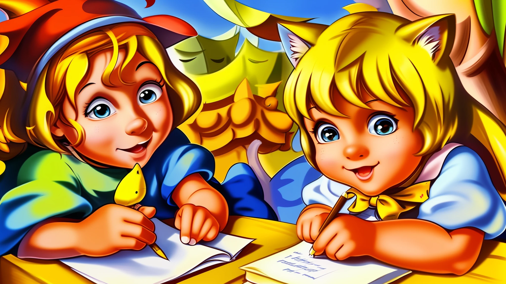 cartoon of a girl writing a letter to a cat and dog, children's cartoon, this is fine, promotional art, animation film still, the background is on fire, kids book illustration, cartoon illustration, animation character, inspired by Hanna-Barbera, children's animated films, cartoon style illustration, in cartoon style, children's book drawing, production art