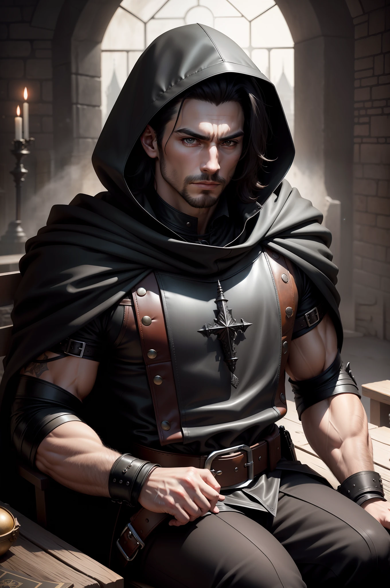 (absurdres, highres, ultra detailed), 1 male, adult, handsome, high muscular face, broad shoulders, finely detailed eyes, short black hair, brown eyes, black cloak, wearing a hood, leather vest, leather bag at the waist, 2 daggers on the belt, castle, medieval atmofera, natural light and shadow, There are bright particles flying around the man, fantastic, mysterious, bright glow, seated pose, serious expression, cold, thoughtful, mouth shut