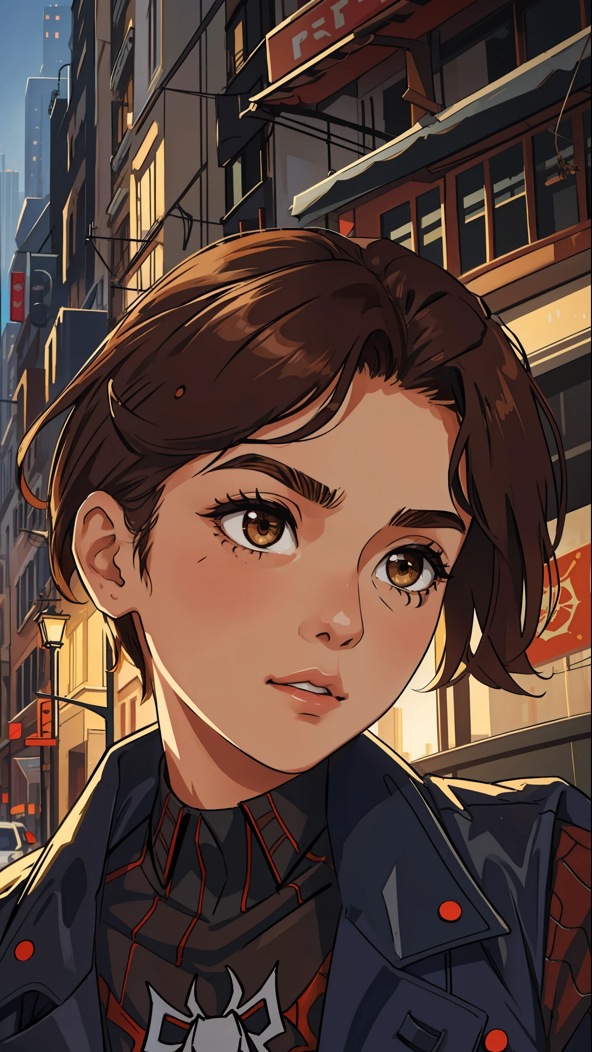 (masterpiece, best quality), intricate details, 8k, artstation, wallpaper, official art, splash art, sharp focus,
1girl, short hair and split in the middle, twin tails, brown eyes, brown hair ,
spider suit, spider web printing, spider web,
skyscrapers, city, buildings, cars, street,