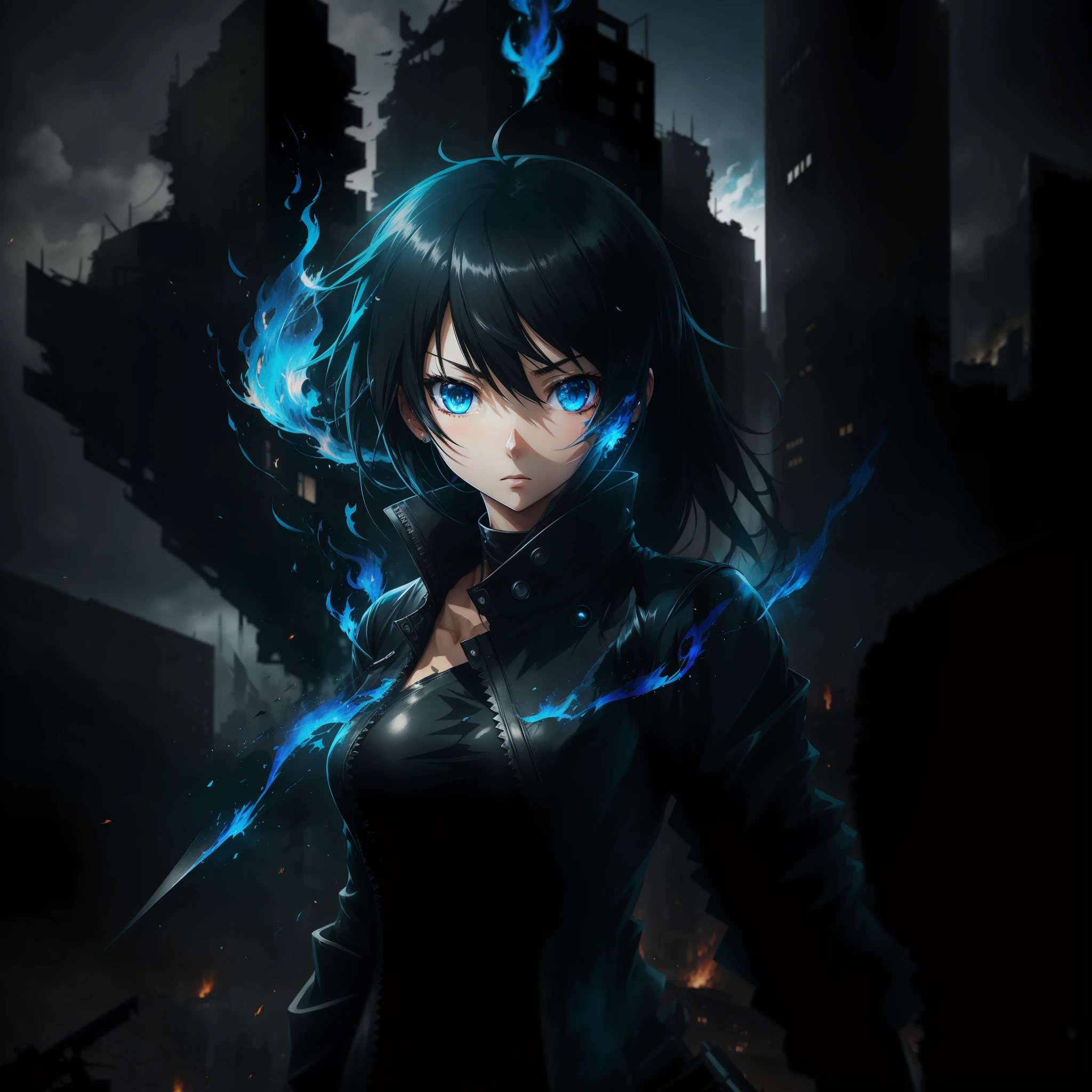 anime style, natural pose, freedom, digital illustration, (anime style), perfect anatomy, black rock shooter, highly detailed, art station, concept art, soft and sharp focus, well-formed eyes, beautiful face, well-defined hips, shy and seductive, left eye with blue flame, chaotic scenery, buildings in the background destroyed, black leather jacket