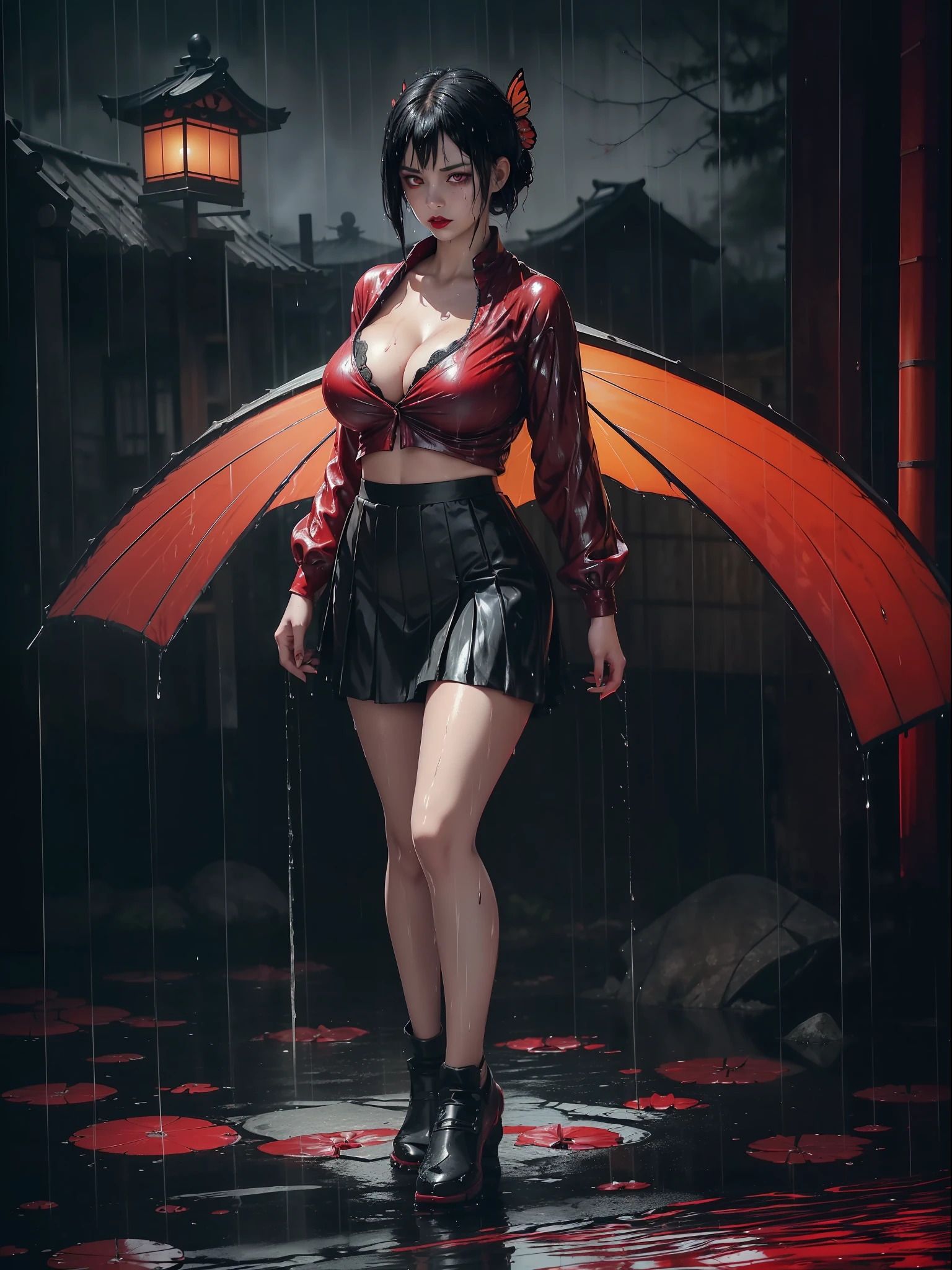 (Fatal Frame Crimson butterfly), (Full body photo:2), (Laura/woman and a ghost/zombie woman/ghost with her decomposing body behind Laura:1.5), (Laura is wearing a black fabric high school student outfit and a short skirt:1.5), (she has large breasts:1.9), (she has short black hair:1.5), (red eyes:1.5),  (red lipstick on mouth:1.5), she's holding an old Camera:1.5), (she's in an old Japanese village at night+raining hard, (wet clothes/hair:1.3), Fatal Crimson Butterfly Frame, anime, Terror, 16k, best quality, highres, high details, UHD, masterpiece