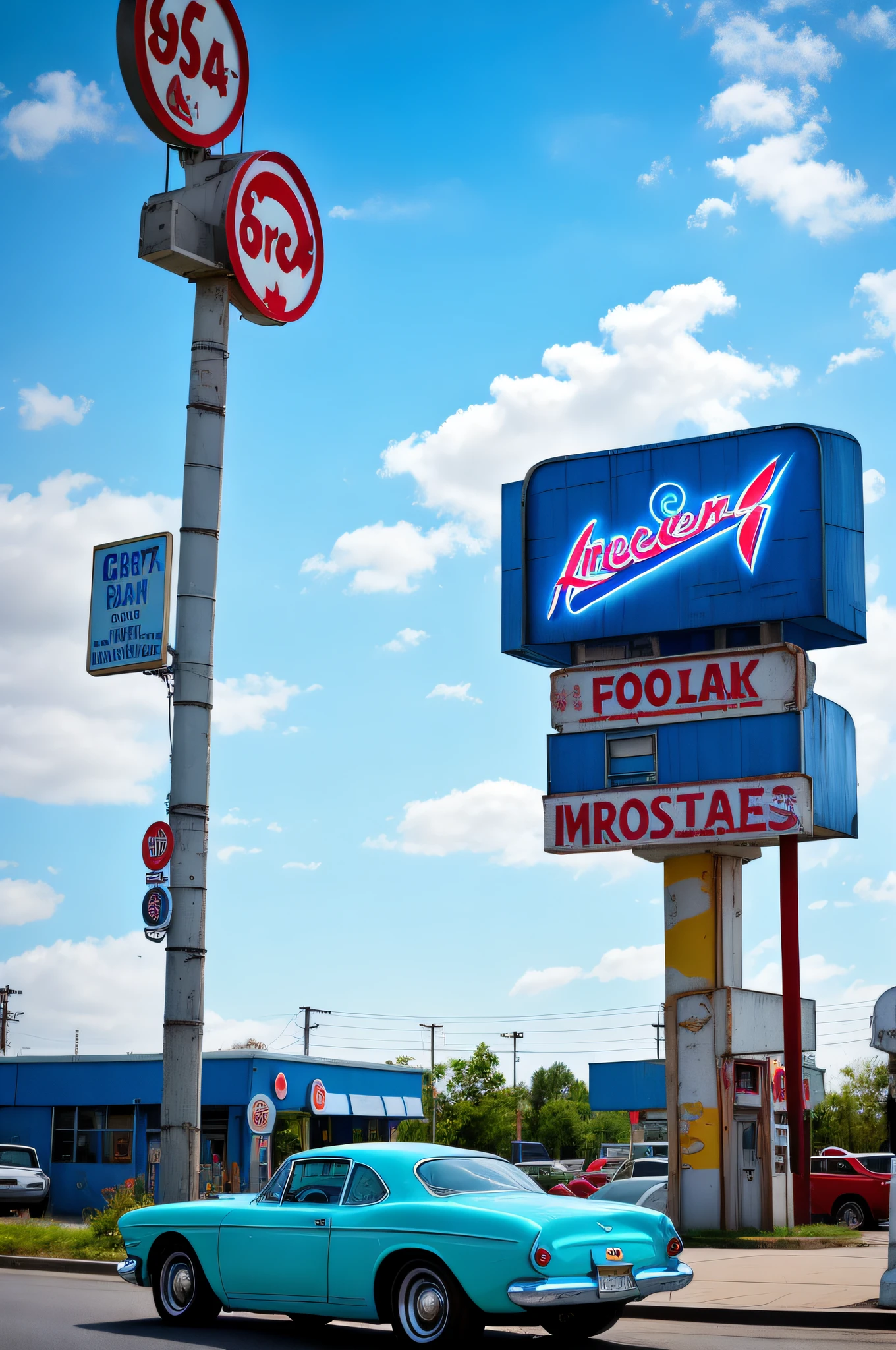 cars around abandoned gas station sign made from a rocket beautiful blue sky Clutter-Home (AtomPunkStyleSD15:1.0), (masterpiece:1.2) (photorealistic:1.2) (bokeh) (best quality) (detailed skin) (intricate) (8k) (HDR) (cinematic lighting) (sharp focus)