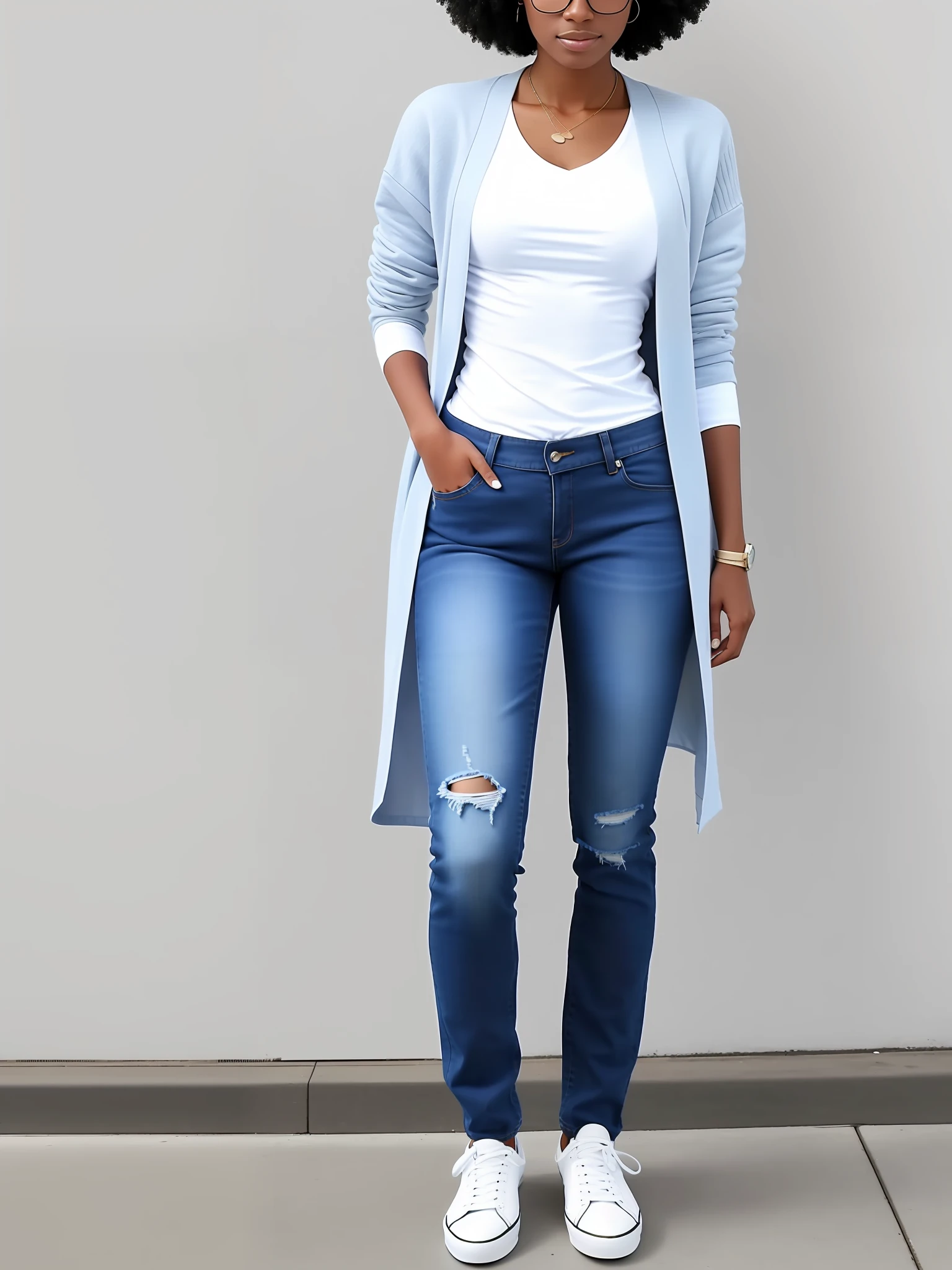 Black woman with jeans, white shirt, white sneakers, full body blue cardigan