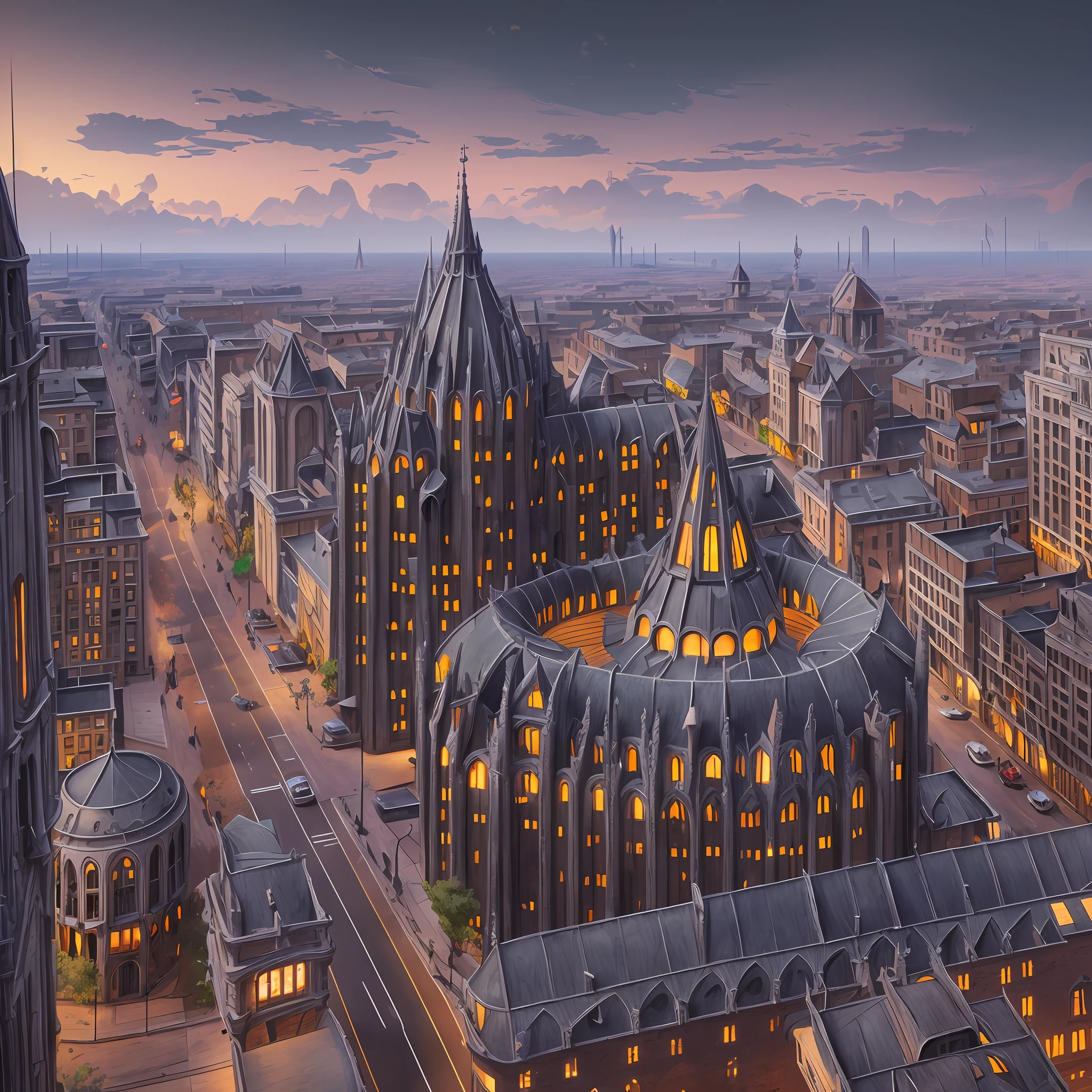 a gloomy world full of buildings and cars, a detailed matte painting by antoni gaudi, deviantart contest winner, fantasy art, concept art, official art, matte drawing, matte painting, ambient occlusion. volumetric lighting, sharp focus, highly detailed, 4 k, 8 k, hdr, hyperrealist, artstation - h 7 6 8 0 4 9 5 8 0 4 6 7 7 8 2 6 --auto --s2