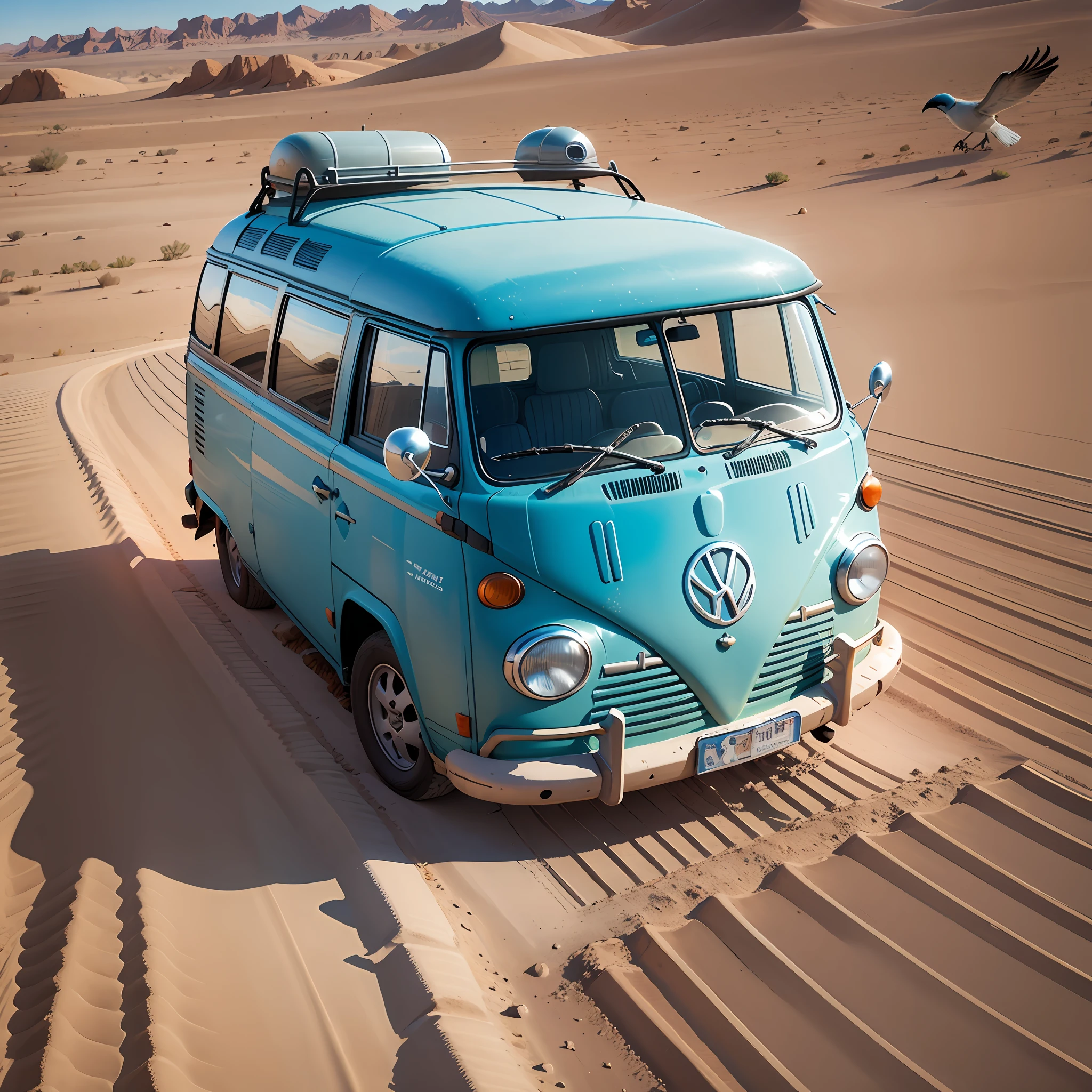 a vwbus in desert, sun, blue sky, birds , in cartoon stiled. --auto --s2