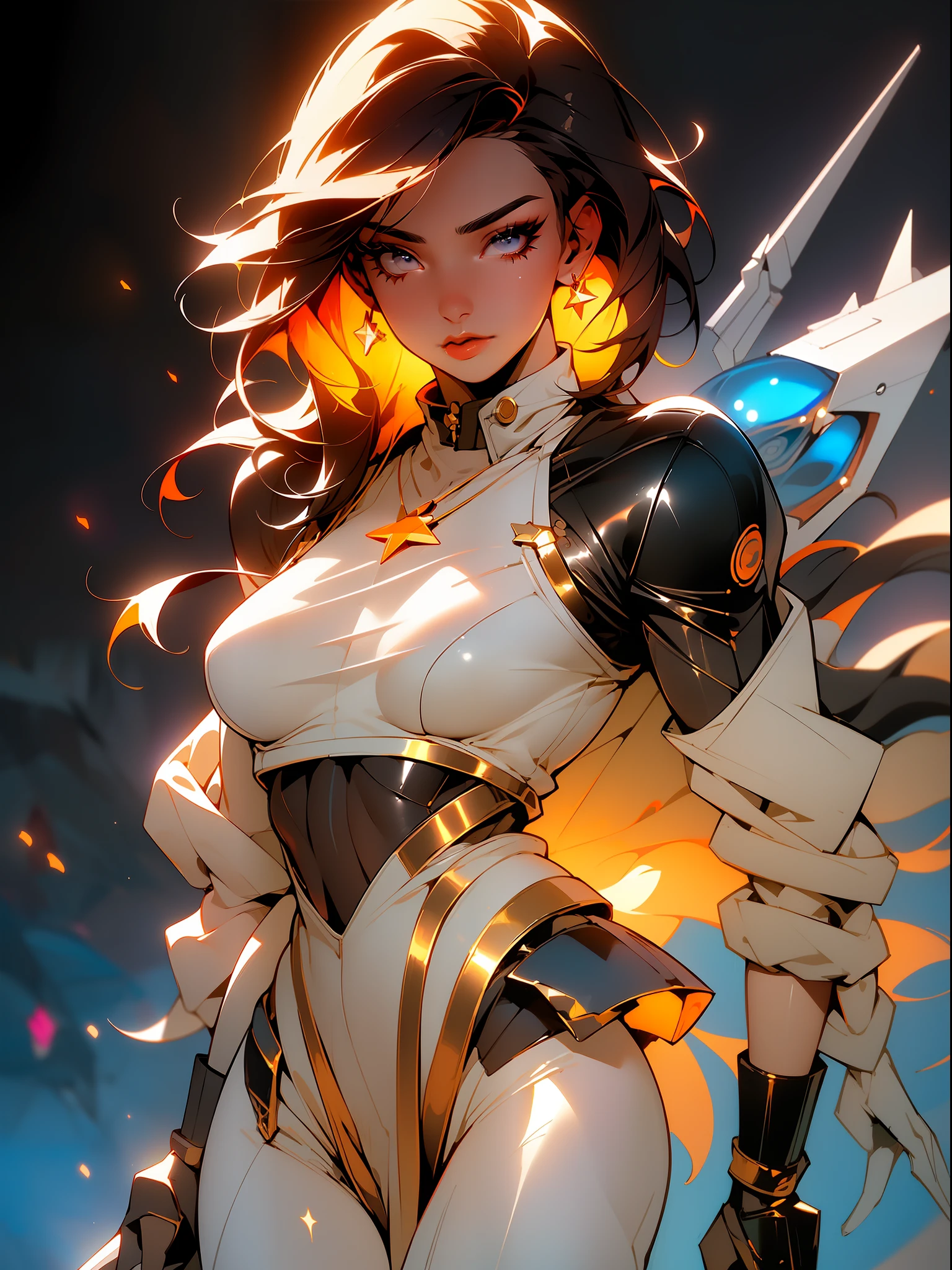 ((Best quality)), ((masterpiece)), (detailed: 1.4), (Absurd), angry Caucasian princess, (((action pose)), (((full body)))), action pose, ready for war, black kinetic skin with exposed black muscles, hot woman, sculptural body with defined muscles, closed mouth, muscular body covered by a micro bikini, whole body covered by gold stars, ((medium breasts)), (eyes with heavy makeup and very black without pupils),  (((short black hair style colonel Motoko)), (stars covering the body), ((drawings of golden stars on the arms)), very long eyelashes, heavy eye makeup, lots of jewelry, by mucha, niji --V5, close to real, psychopathic, crazy face, sexy pose, background with a giant Gundam style robot head, 2 piece clothing, pastel, centered, scale to fit the dimensions,  HDR (High Dynamic Range),Ray Tracing,NVIDIA RTX,Super-Resolution,Unreal 5,Subsurface Dispersion, PBR Texture, Post-processing, Anisotropic filtering, Depth of field, Maximum clarity and sharpness, Multilayer textures, Albedo and specular maps, Surface shading, Accurate simulation of light-material interaction, Perfect proportions, Octane Render, Two-tone lighting, Wide aperture, Low ISO, White balance, Rule of thirds,  8K RAW, crysisnanosuit