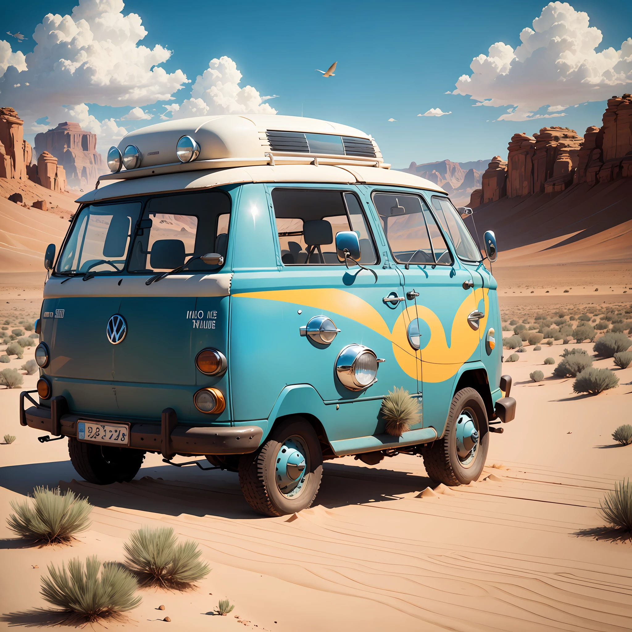 a vwbus in desert, sun, blue sky, birds , in cartoon stiled. --auto --s2