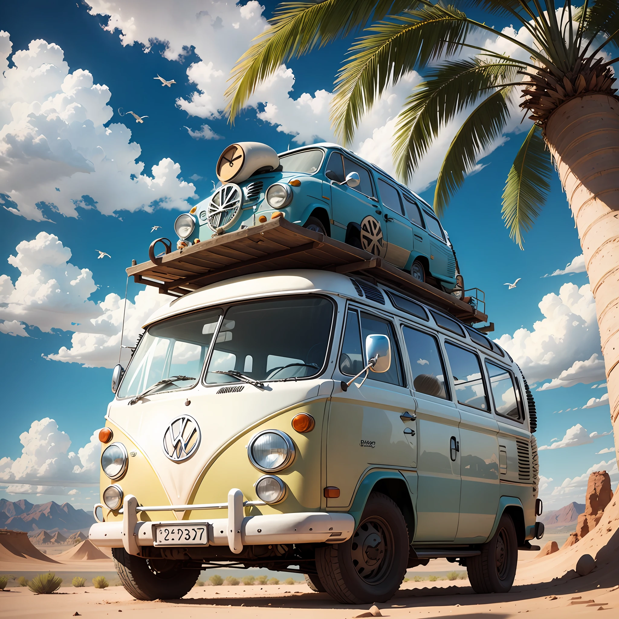 a vwbus in desert, sun, blue sky, birds , in cartoon stiled. --auto --s2
