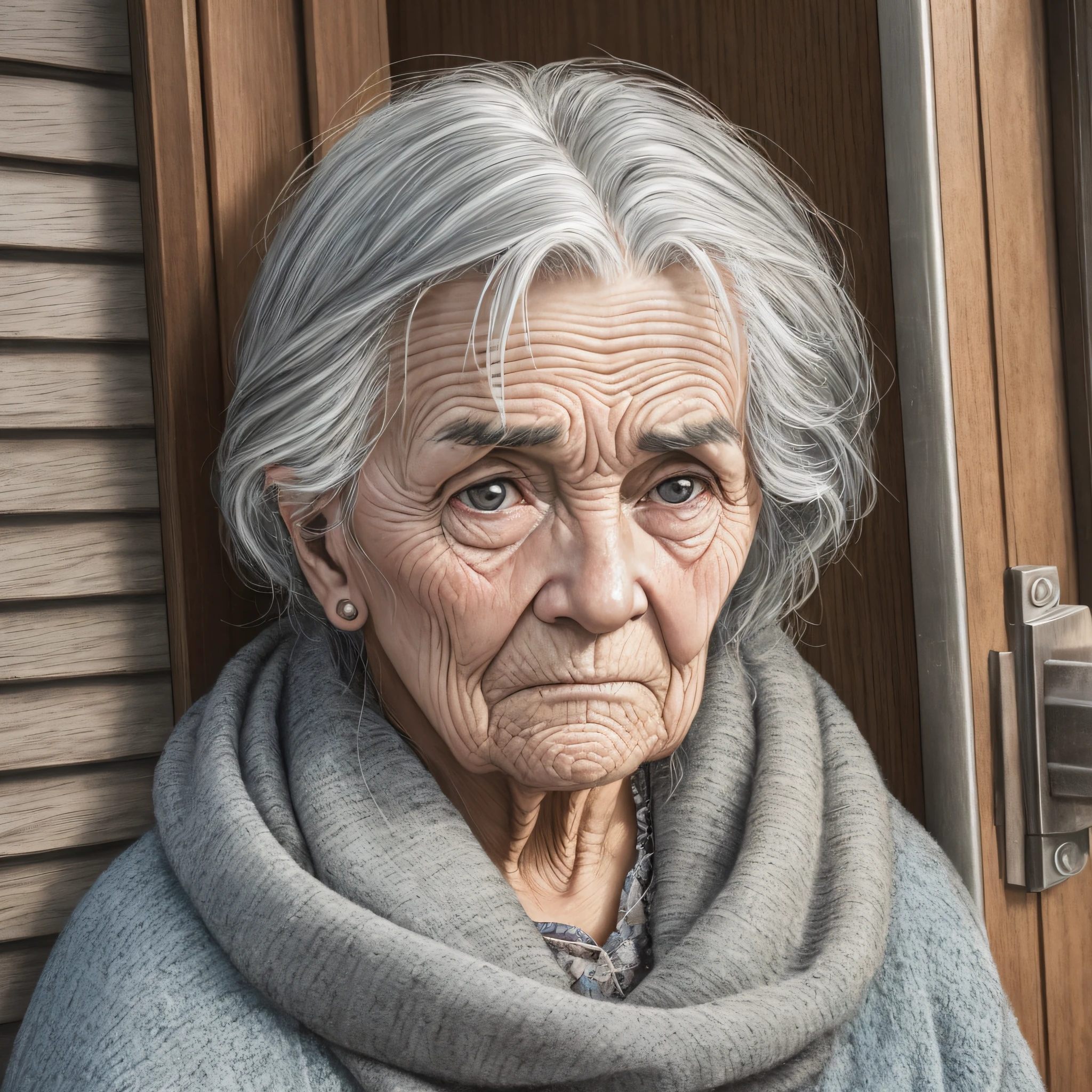 Photograph of an old woman with wrinkled skin and hairy gray hair, in front of a door, grumpy, ultra realistic, ultra detailed, photorealistic --auto --s2