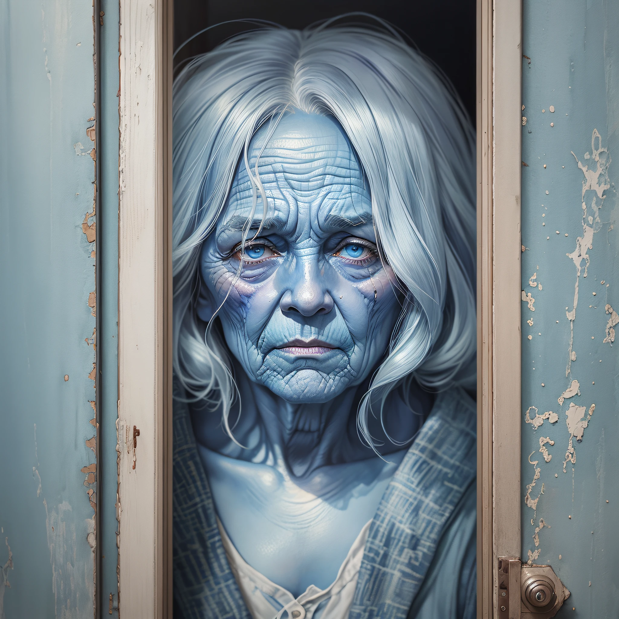 Watercolor image, shades of blue of an old woman with wrinkled skin and hairy gray hair, in front of a door blue color, moody, ultra realistic, ultra detailed, photorealistic --auto --s2