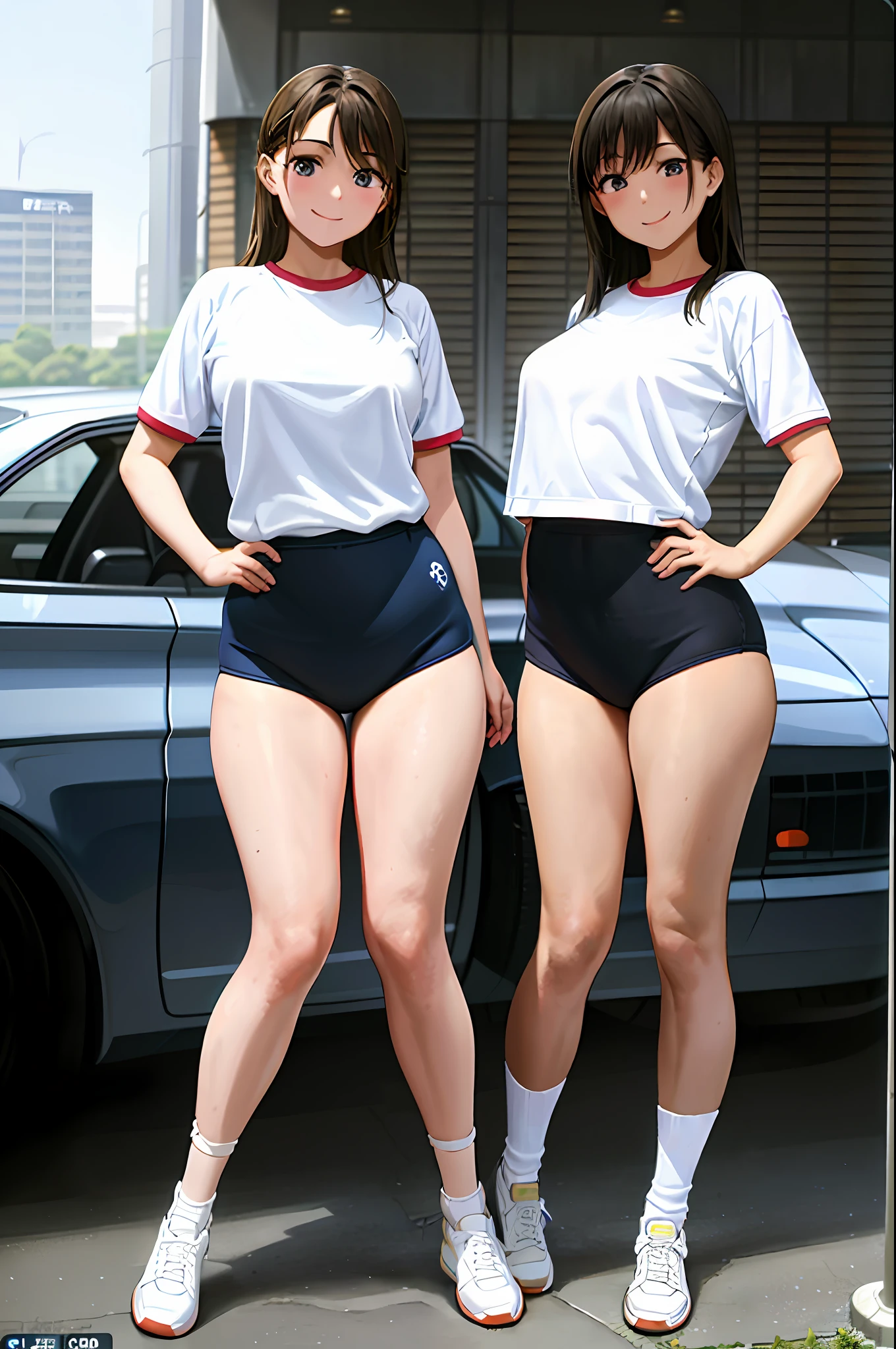 (Masterpiece: 1.2), best quality, illustrations, pretty girls, two girls, (dark blue bloomers: 1.1) and (white gym clothes: 1.2), beautiful ass, smile, black eyes, medium breasts, (black hair: 1.0), plump thighs, white sneakers, black high socks, (sky: 1.0), police car, road,