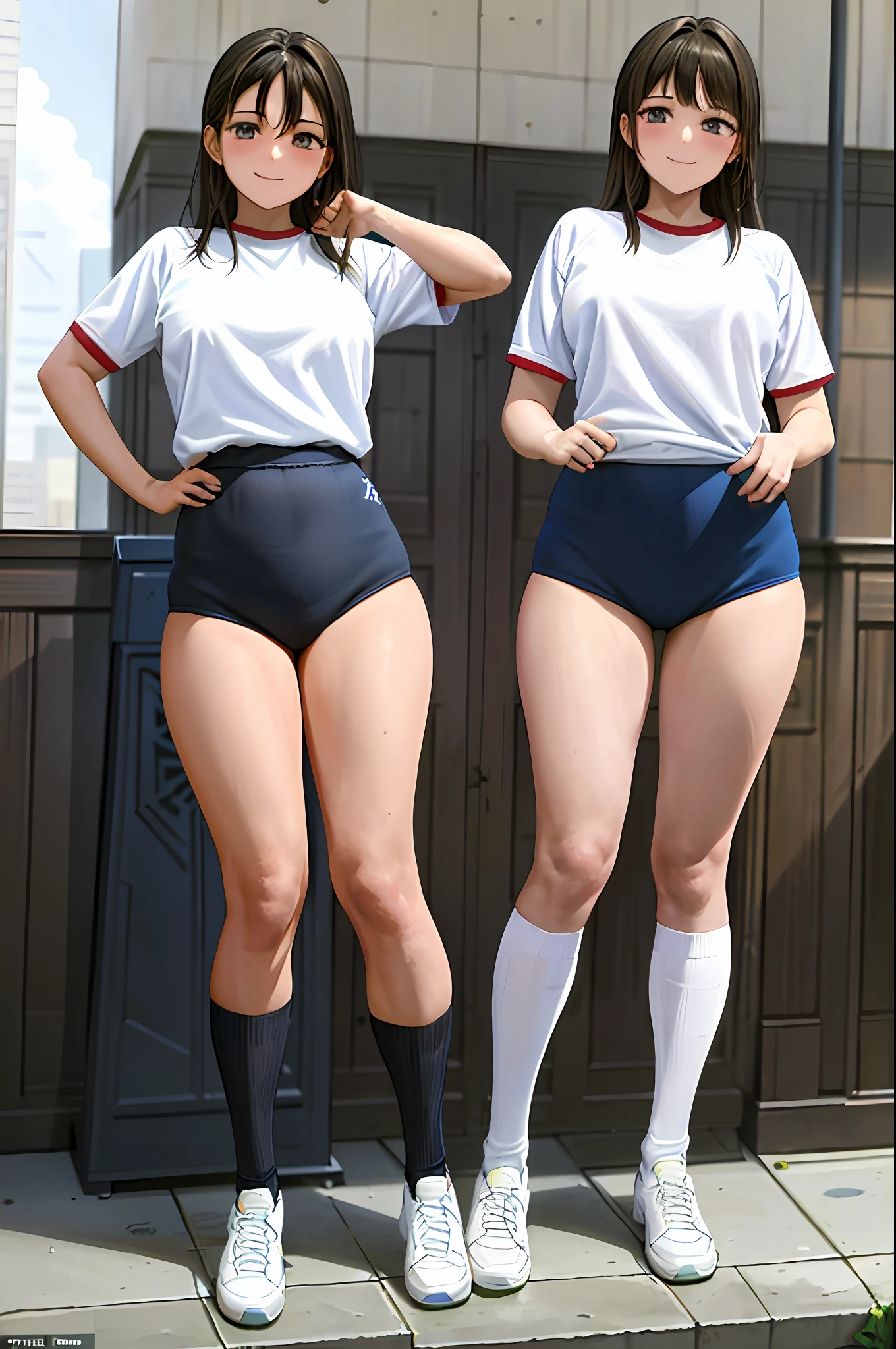 (Masterpiece: 1.2), best quality, illustrations, pretty girls, two schoolgirls, (dark blue bloomers: 1.1) and (white gym clothes: 1.2), beautiful ass, smile, black eyes, medium breasts, (black hair: 1.0), plump thighs, white sneakers, black high socks, (sky: 1.0), police car, road,