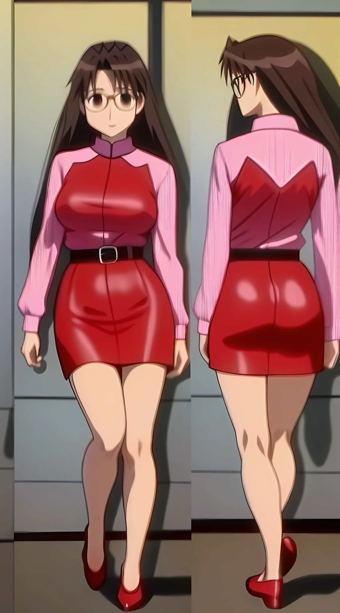 Koyomi Mizuhara, Brunette hair, glasses, huge breasts, huge ass, slim thighs, low back marbled bodycon dress, heel sized shoes, belt, slim figure