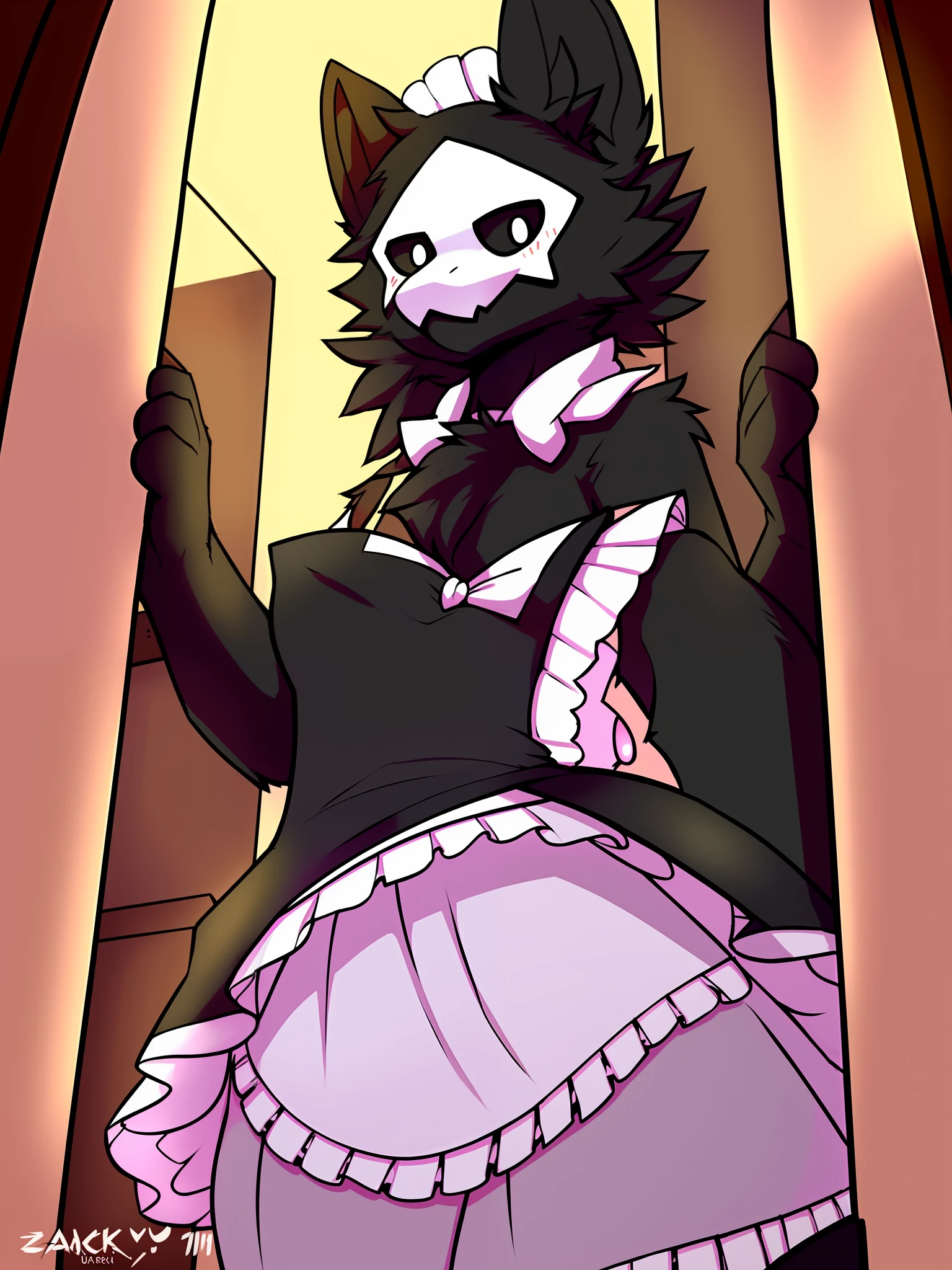 by zackary911, hioshiru, zackary911, puro, anthro, male, solo, maid, mommy, micro, low angle, upskirt, giantess, giant, tiny doorframe