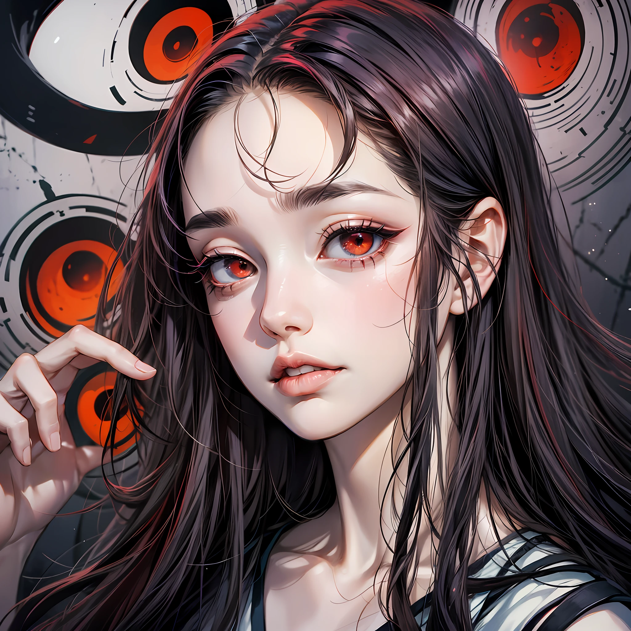 Boy, looking at the viewer, long hair (red), lifeless eyes, Junji Ito style --auto --s2