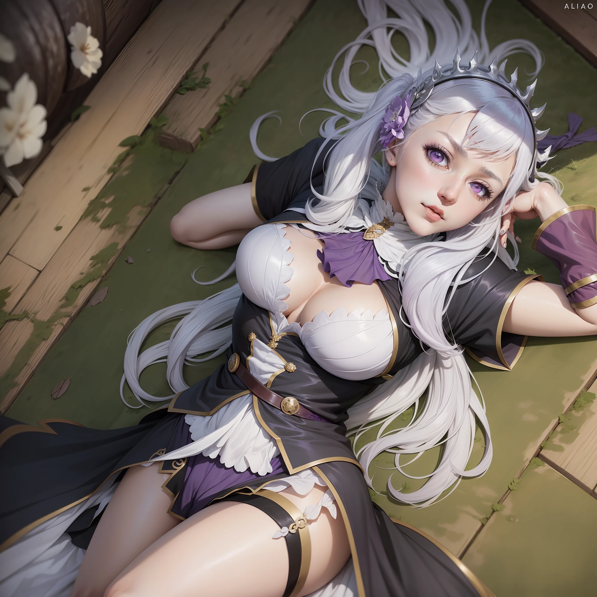 Anime girl with white hair and purple eyes, screenshot of Black Clover, anime character, female anime character, Best Anime Character Design, as an anime character, looking at the camera, lying down, Noelle Silva, Black Clover anime.